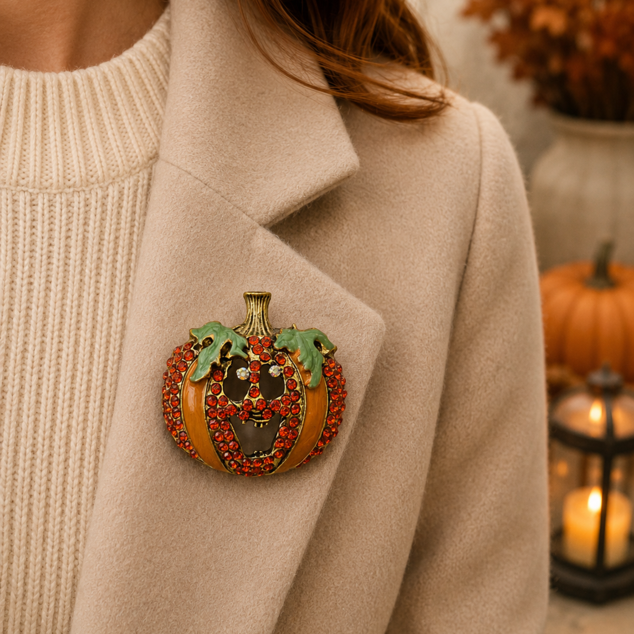 A close-up lifestyle shot of a woman wearing a beige coat and cream knit sweater, featuring a decorative pumpkin-shaped brooch pinned to her coat. The brooch is detailed with red rhinestones, green leaves, and a gold-toned stem.