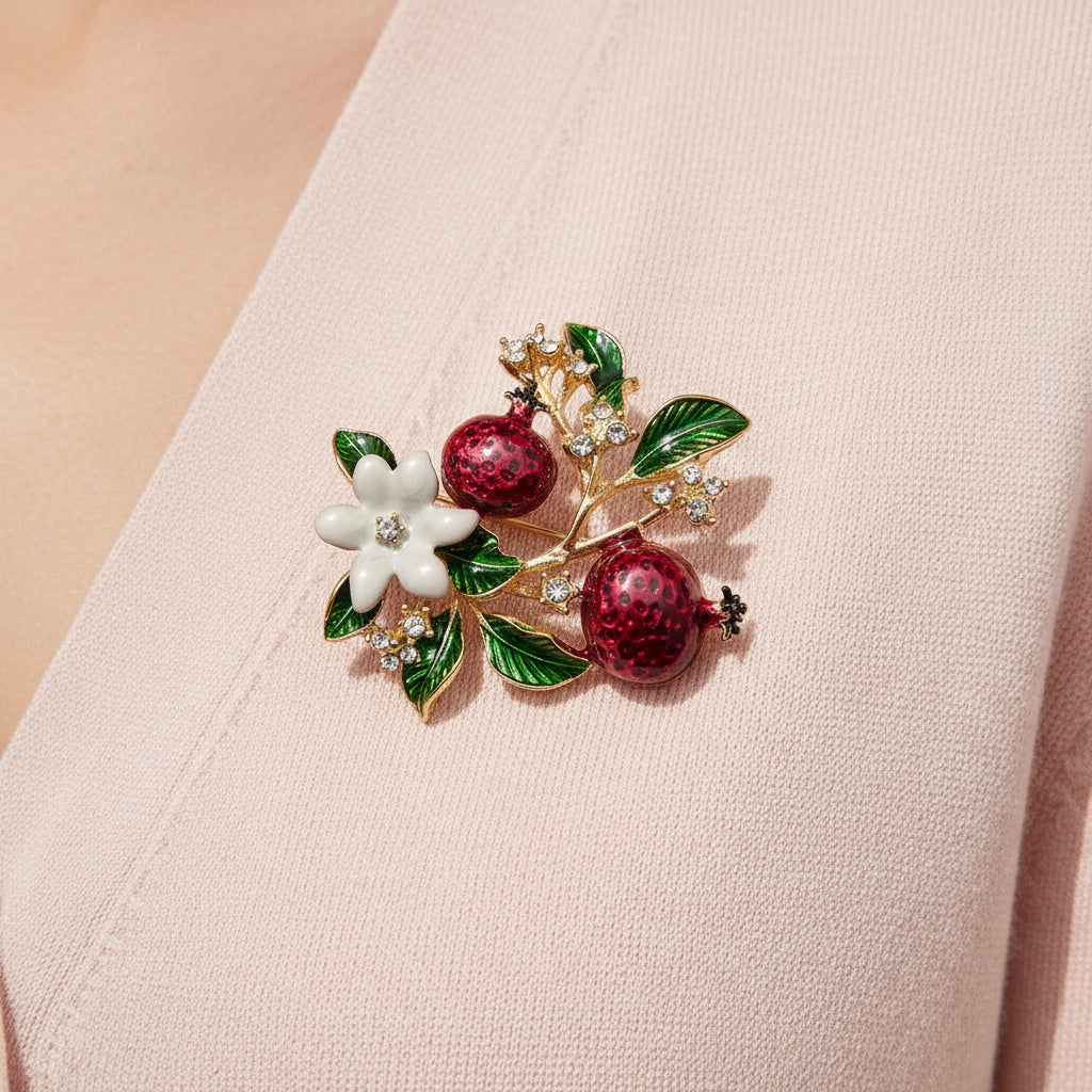 A close-up of a floral enamel brooch featuring two red pomegranate motifs, green leaves, a white flower, and small clear rhinestones on a gold-toned setting, pinned to a light blush pink fabric surface.
