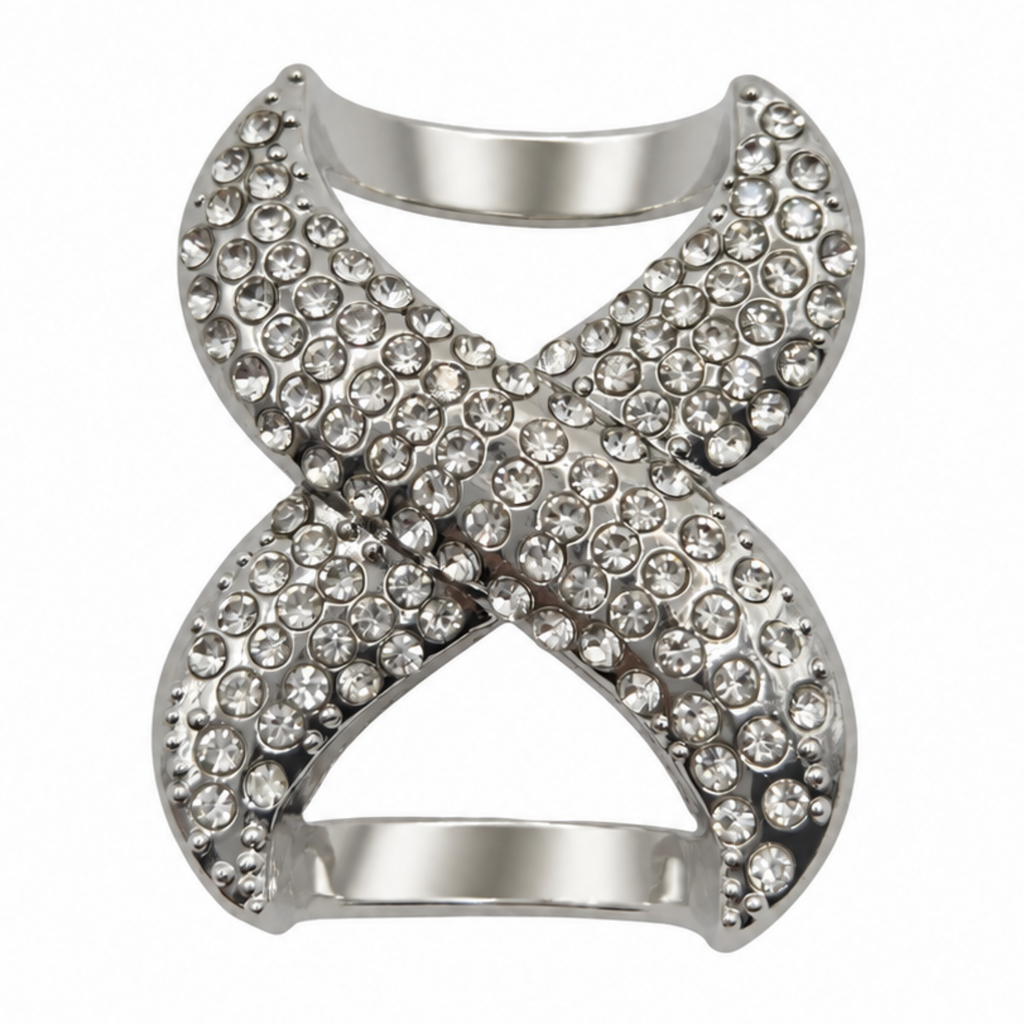 A silver-toned  scarf ring featuring an open, interlocking X-shaped design covered in clear rhinestones, set against a plain white background.