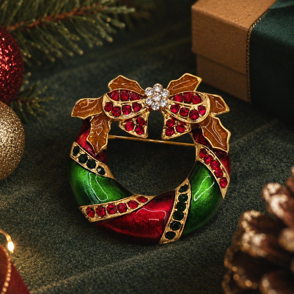 Gold-tone Christmas wreath brooch with red and green enamel, sparkling rhinestones and a decorative bow, displayed with festive greenery, baubles, pinecones and a gift box.