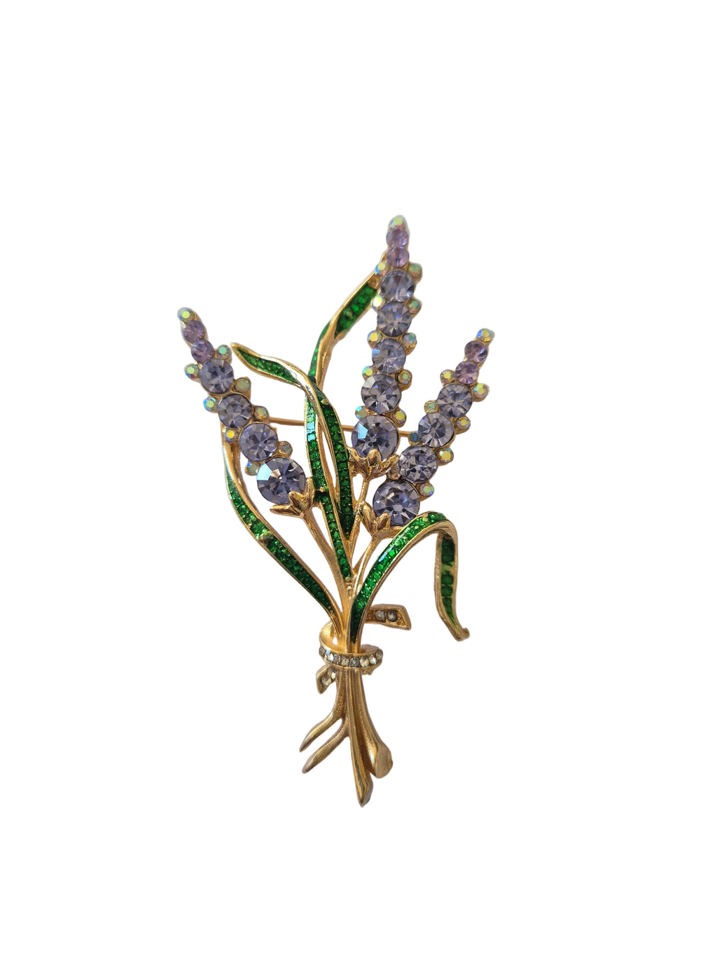 "Large floral brooch with lavender flowers and green leaves on a white background"