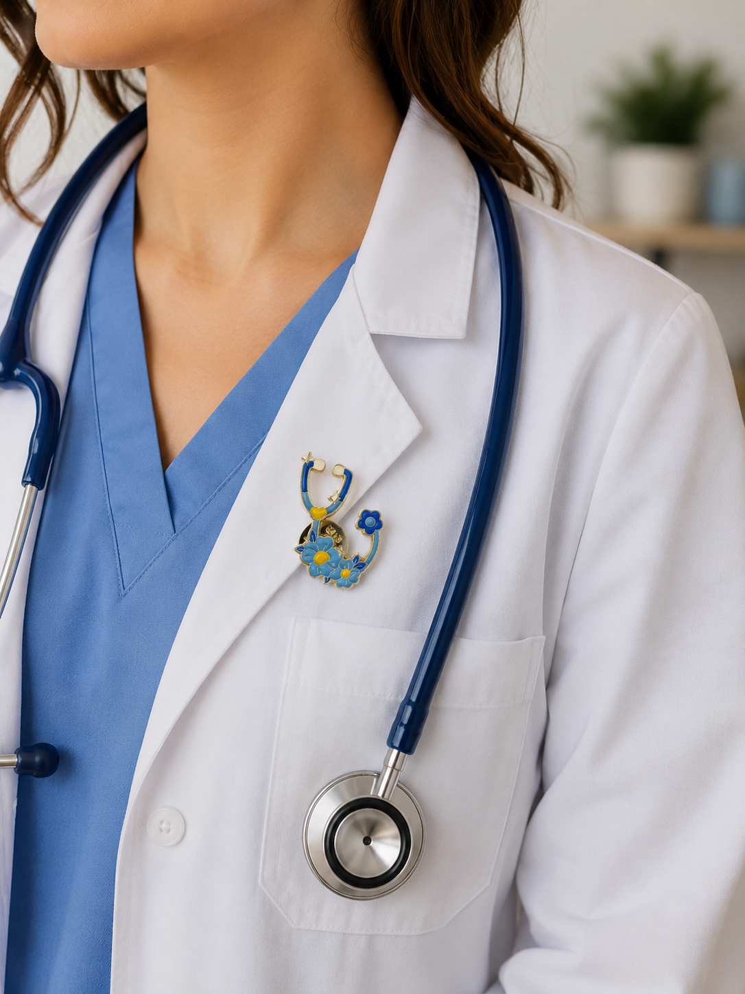 A close-up of a person wearing a white doctor's coat over blue scrubs, with a blue stethoscope around the neck and a small blue-and-yellow nurse-themed lapel pin on the chest.