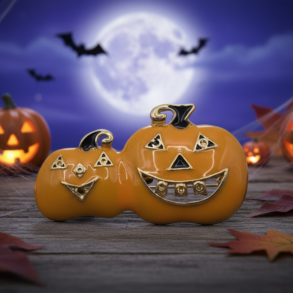 Two orange jack-o'-lantern-shaped decorative pumpkins with gold and black Halloween faces, displayed on a wooden surface with carved pumpkins, autumn leaves, cobwebs, and bats against a full moon night sky background.