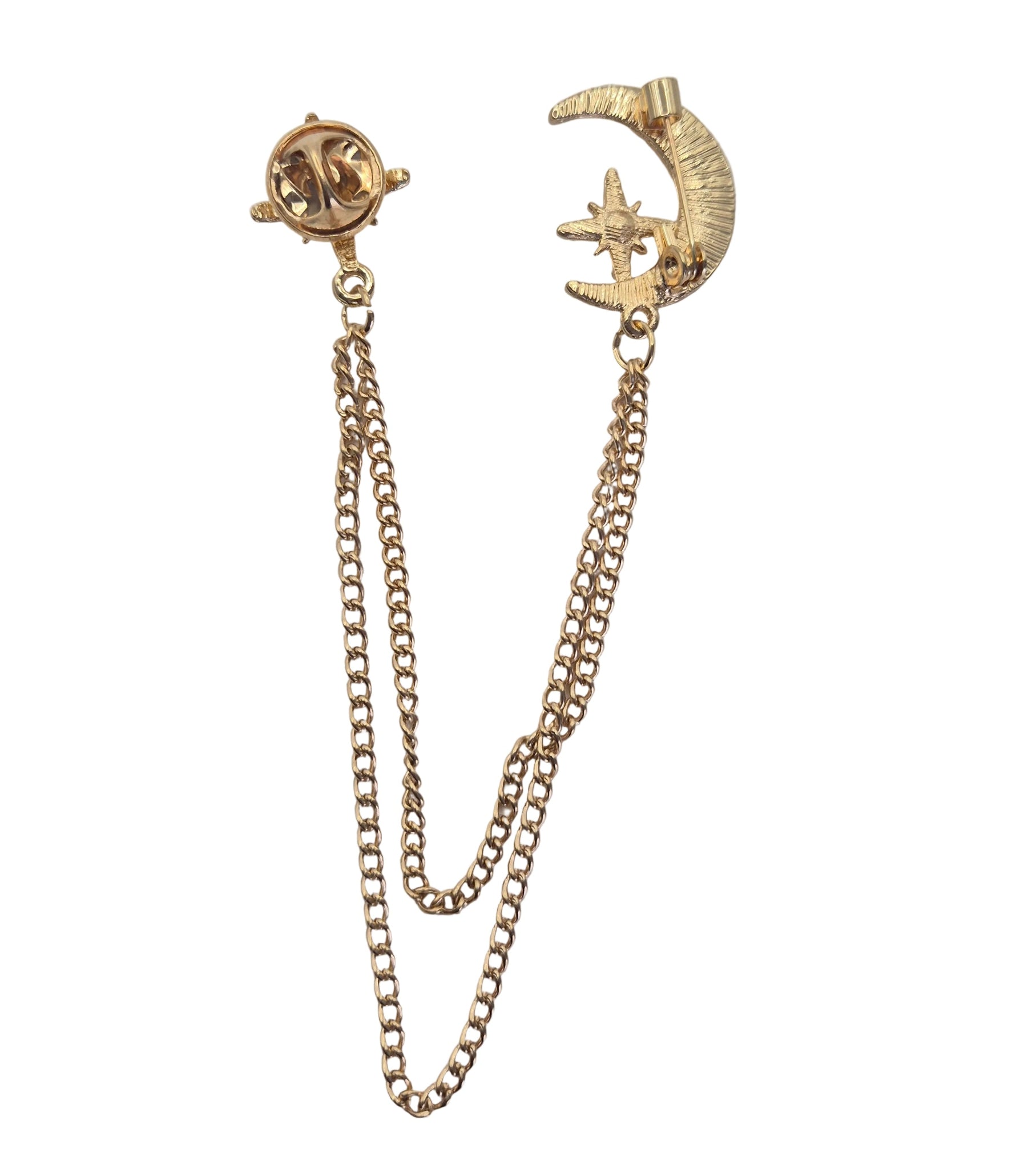 A gold-toned double chain brooch featuring a crescent moon with a star, shown on a plain white background.