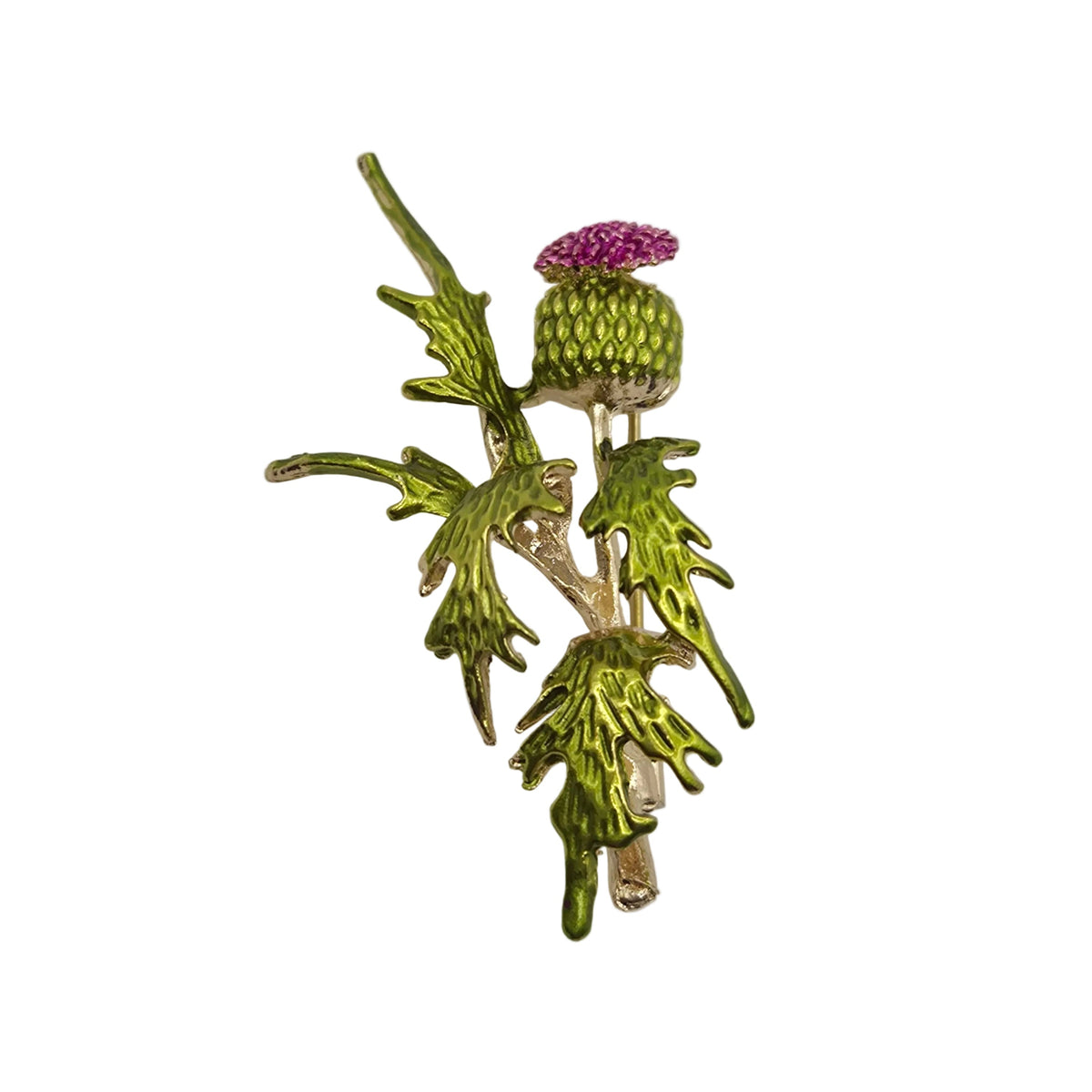 A vintage-style enamel thistle brooch featuring vibrant green leaves, a green seed head, and a small pink flower on a gold-toned setting, photographed against a plain white background.