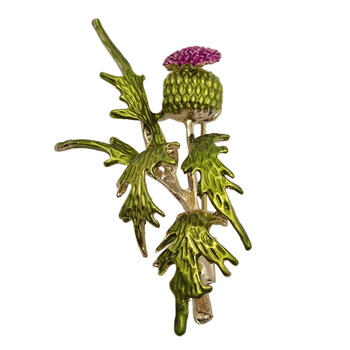 A thistle-shaped brooch featuring green enamel leaves and stem, a green beaded flower head, and a small pink rhinestone flower top on a plain white background.