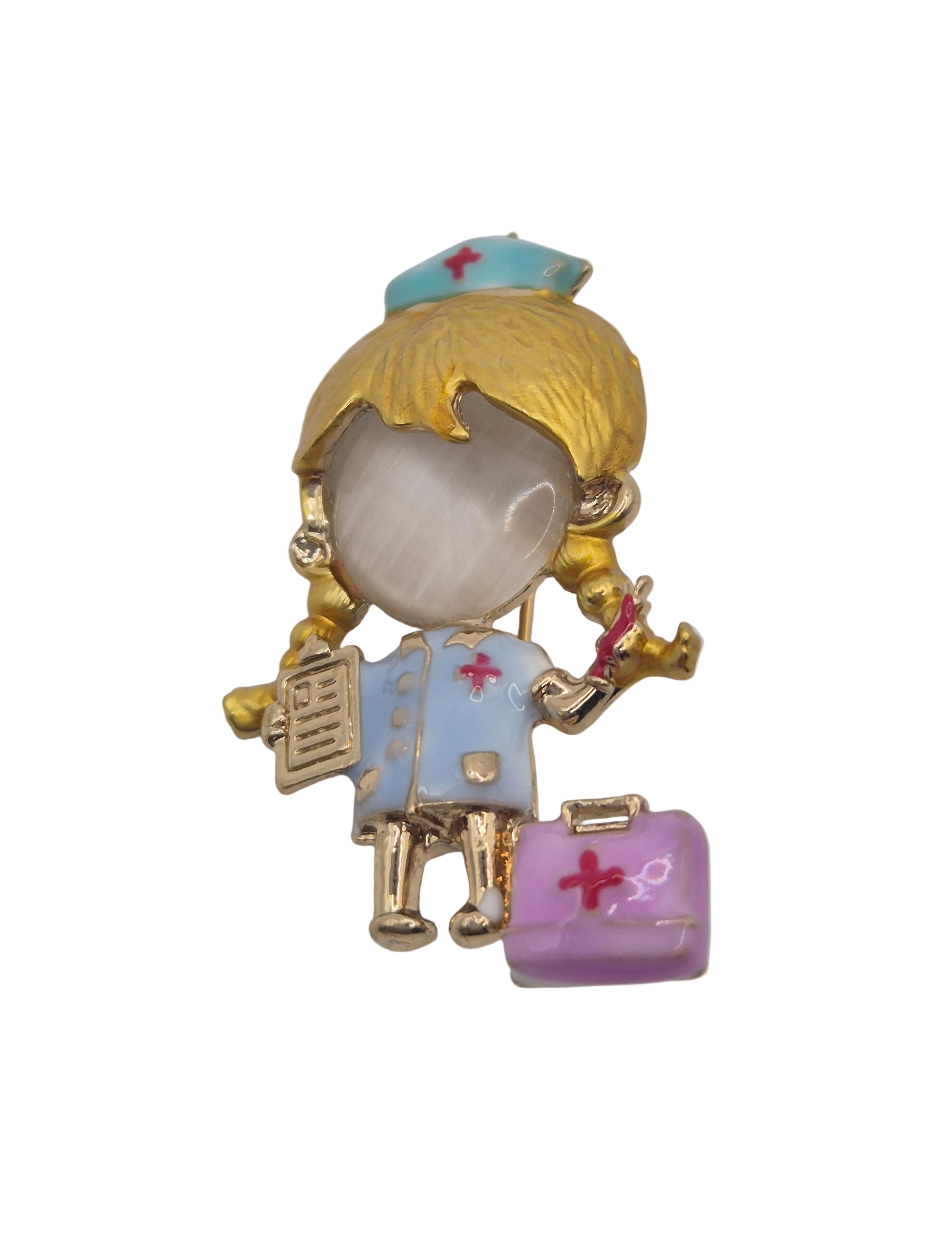 Brooch of a nurse character with a suitcase on a white background