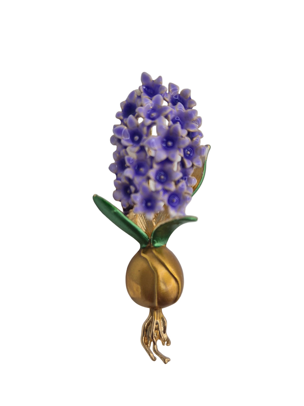Purple Hyacinth Flower Brooch - gold and purple hyacinth flower brooch on grey background