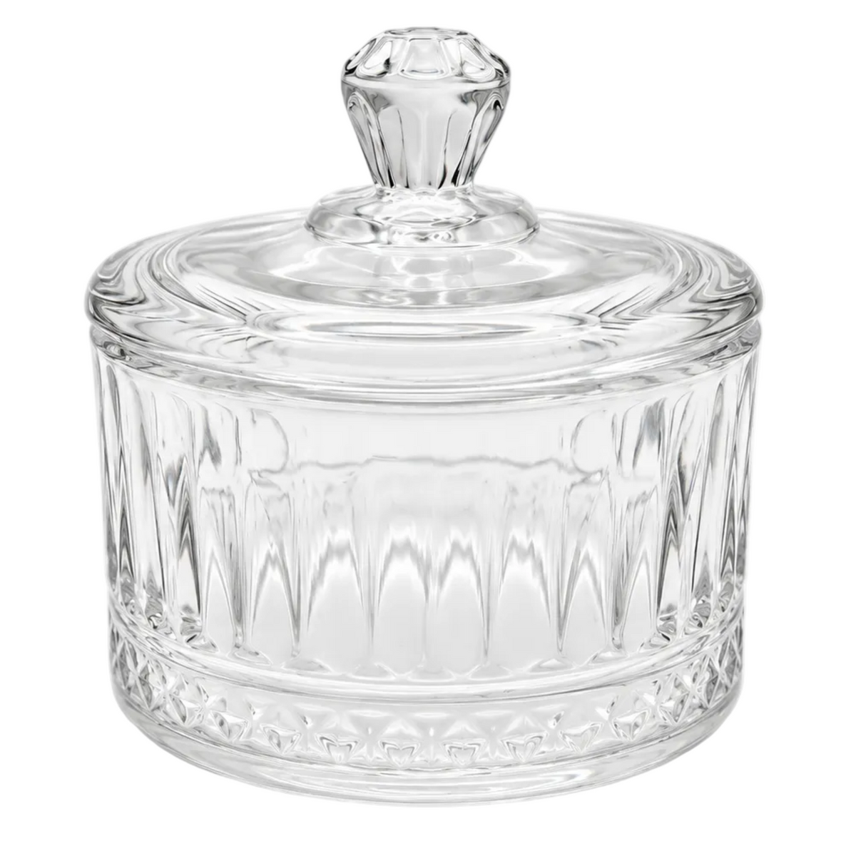 Clear glass lidded jar with a faceted knob top and vertical ribbed pattern on a white background.