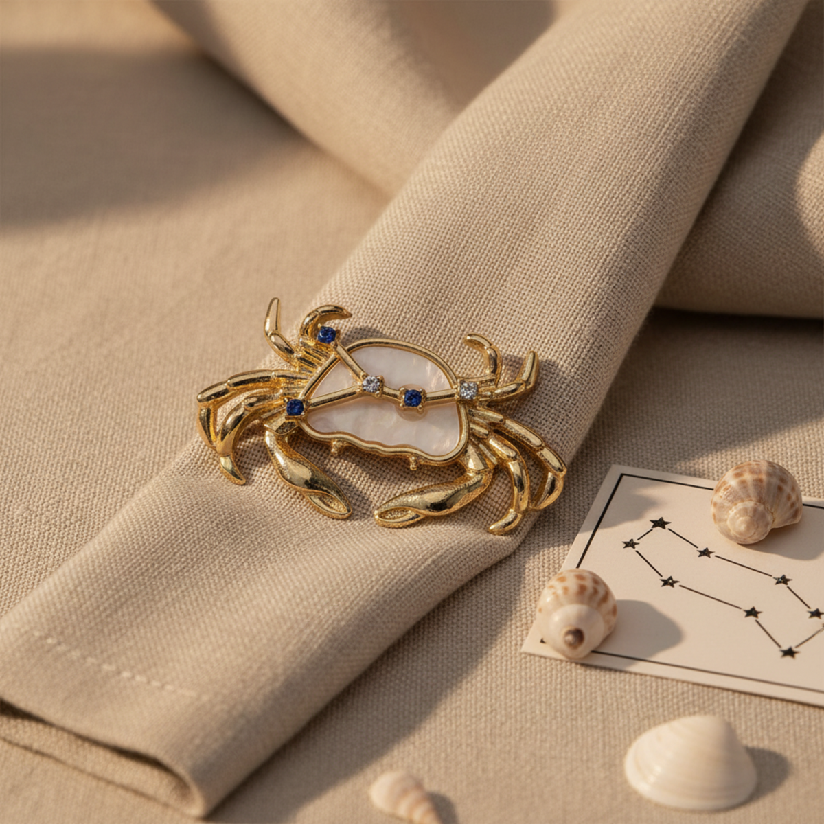 A gold-toned crab brooch with a white mother-of-pearl shell pattern and small blue gemstone accents, displayed on a beige linen napkin with seashells and a small card nearby.