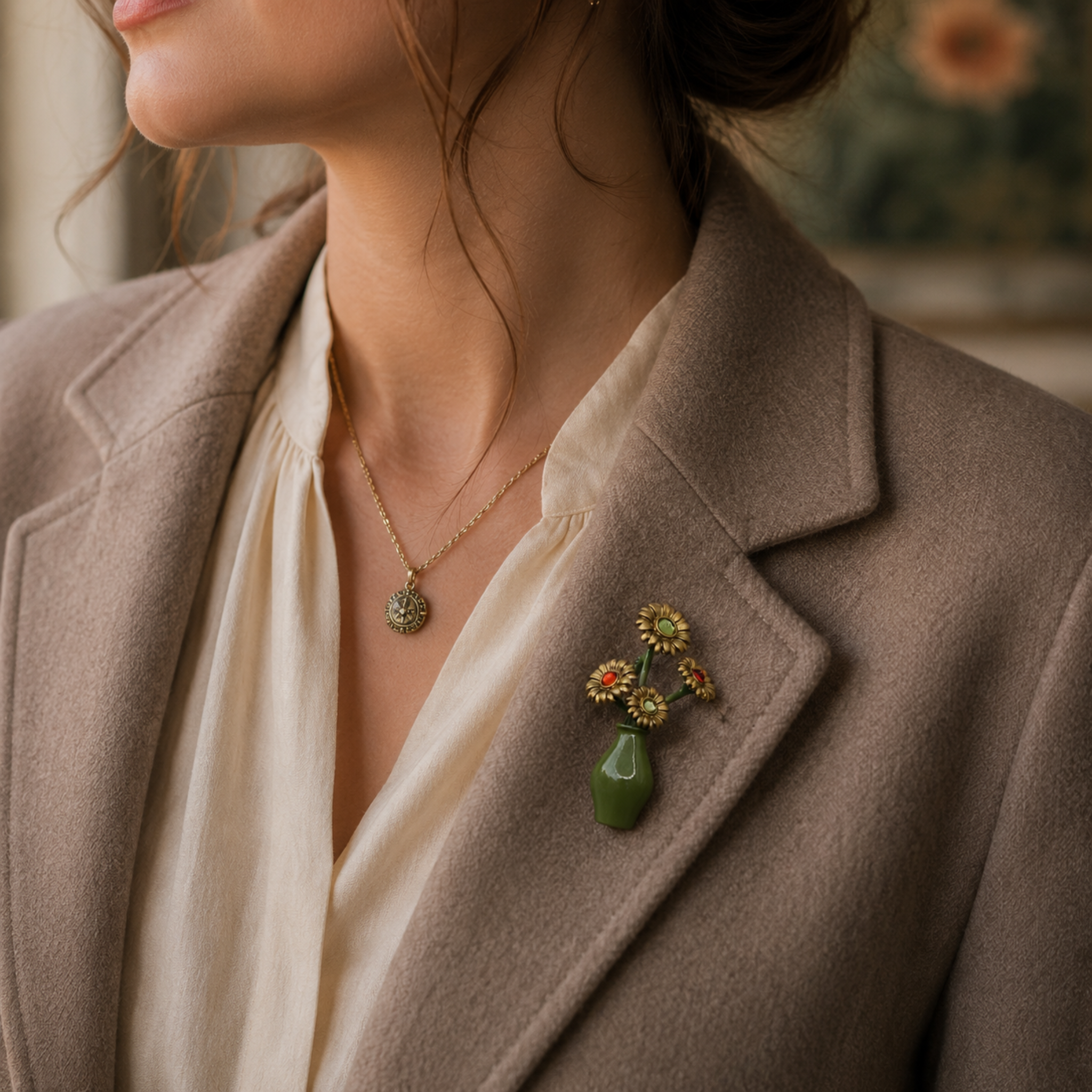 A close-up lifestyle shot of a woman wearing a green glass vase brooch with yellow and red flowers pinned to her taupe wool blazer over a cream blouse.