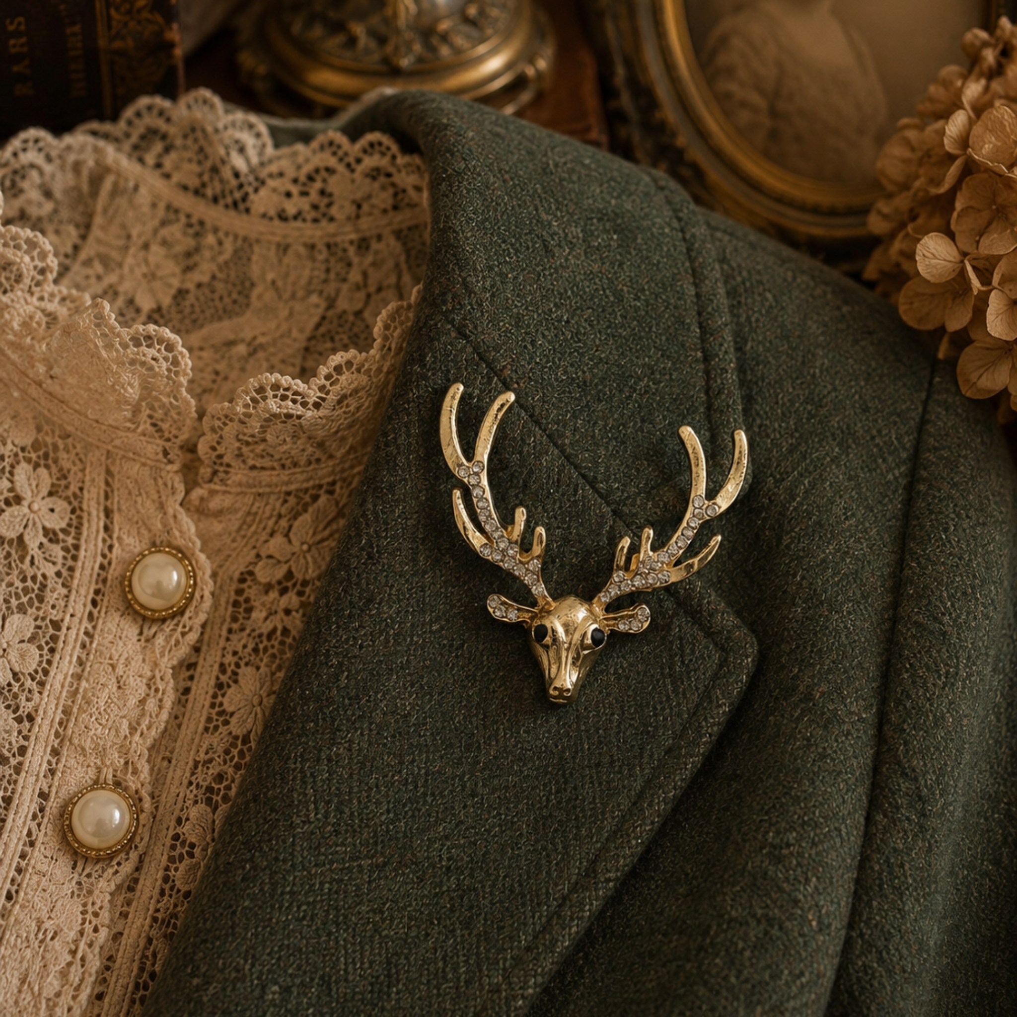 A gold-toned stag head brooch with antlers, embellished with small clear stones, pinned to a dark green blazer. The blazer is styled next to a cream lace blouse with pearl buttons, with vintage props including a brass lamp base and a framed portrait in the background.
