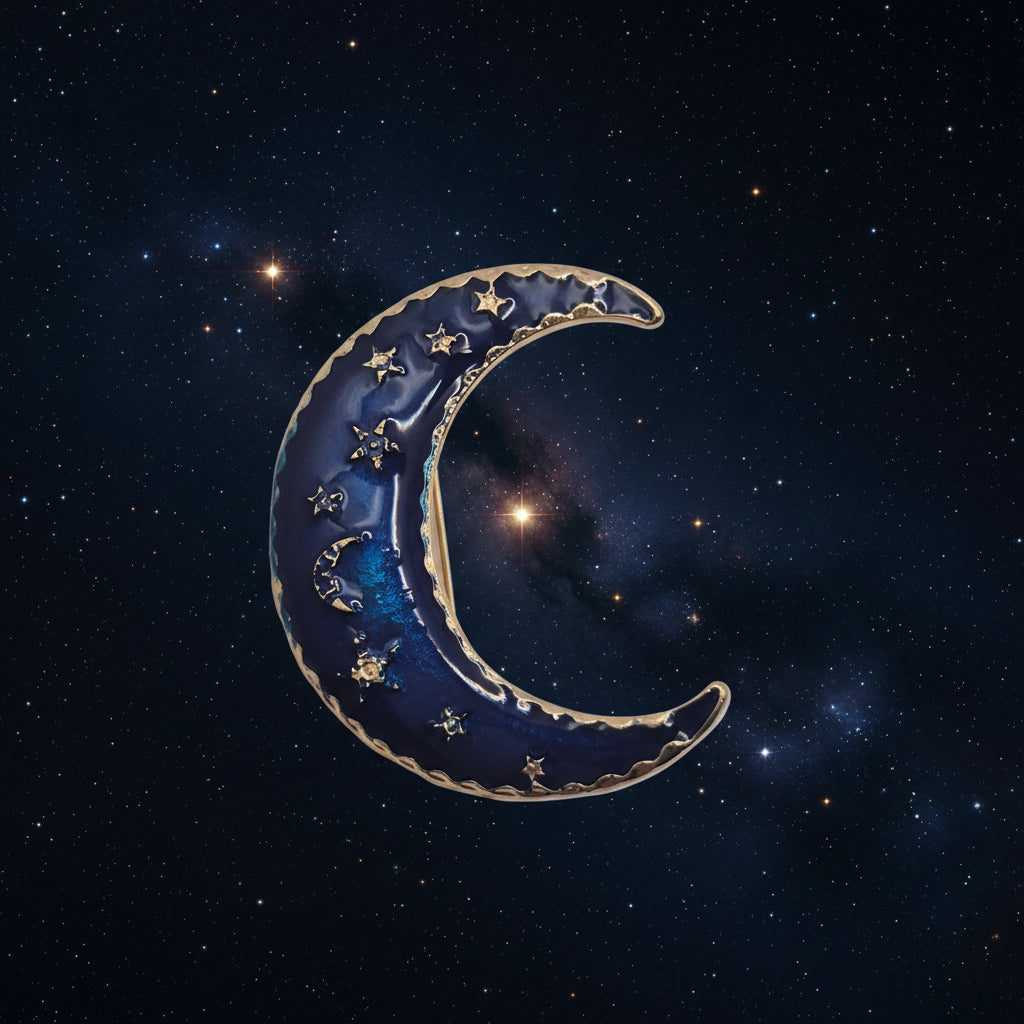 A crescent moon-shaped decorative piece with gold stars and a wavy gold border, set against a starry night sky background.