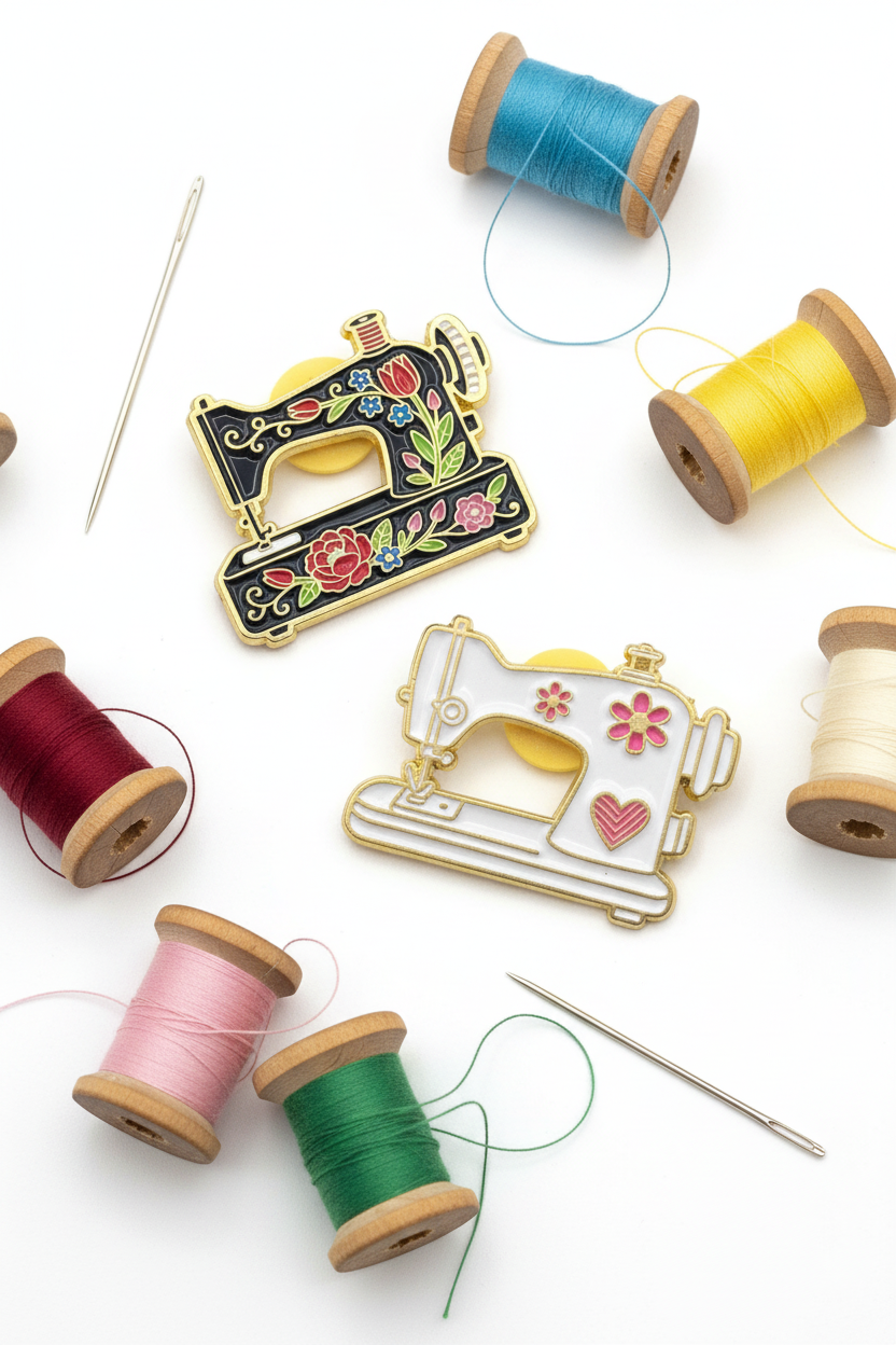 Two sewing machine pin brooches set against a background of cotton reels and sewing needles.
