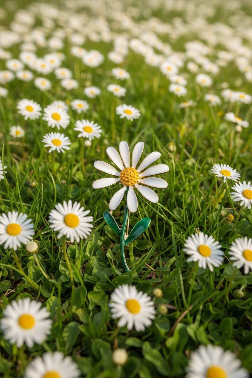 White daisy flower brooch on a field of daisies background 