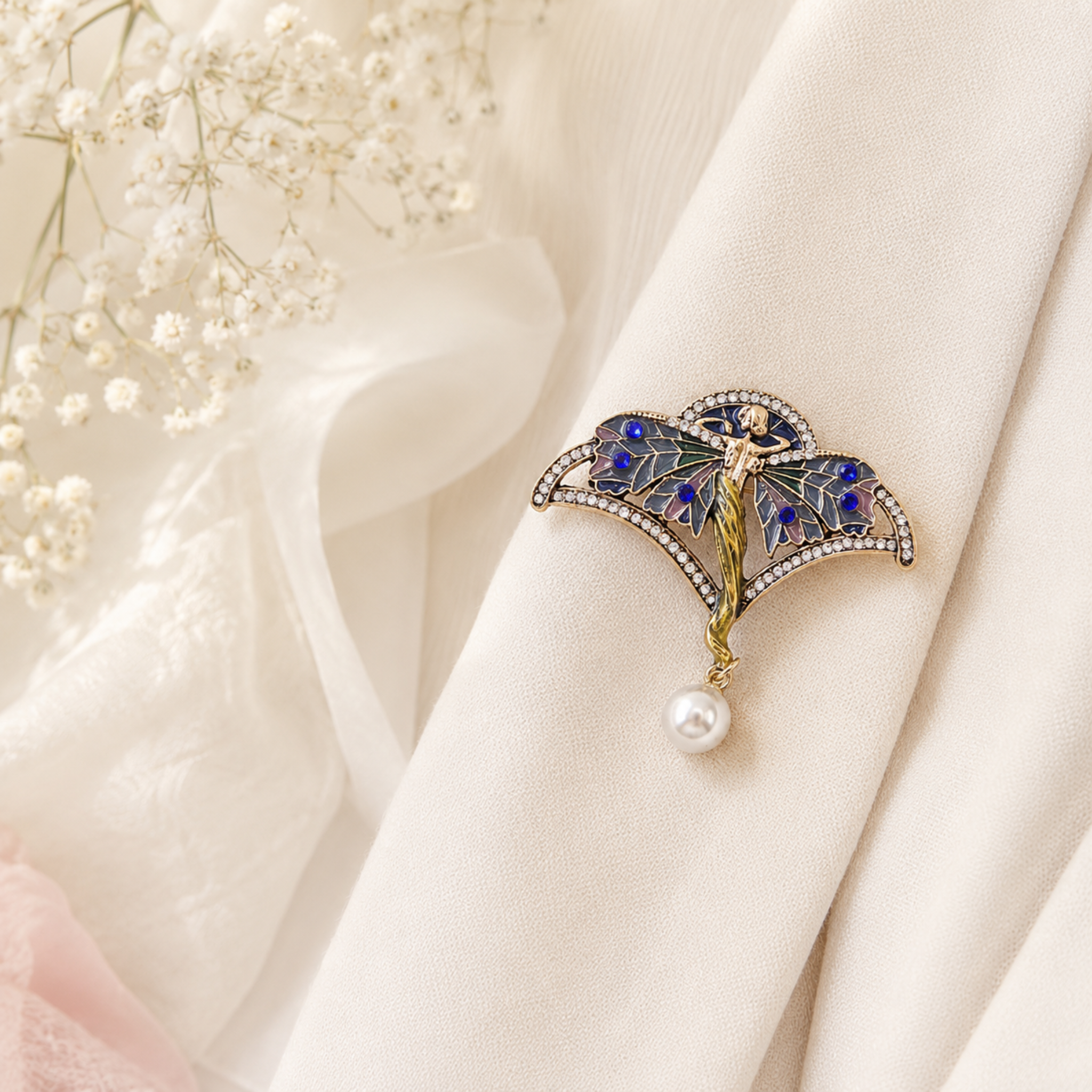 A gold-tone fairy brooch with blue and green enamel details, set with small clear stones and hanging a white pearl, displayed on draped cream fabric with baby's breath flowers.