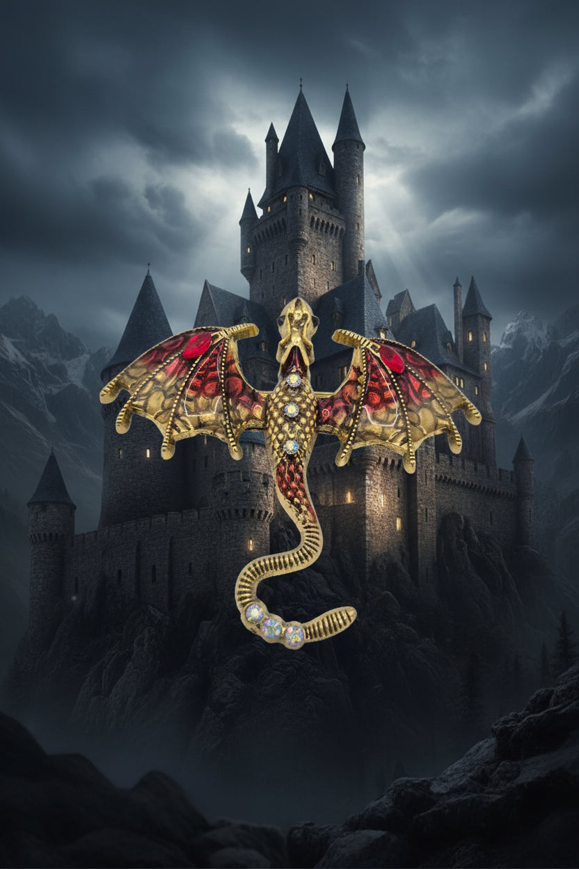 Red and Gold Dragon Brooch on castle background