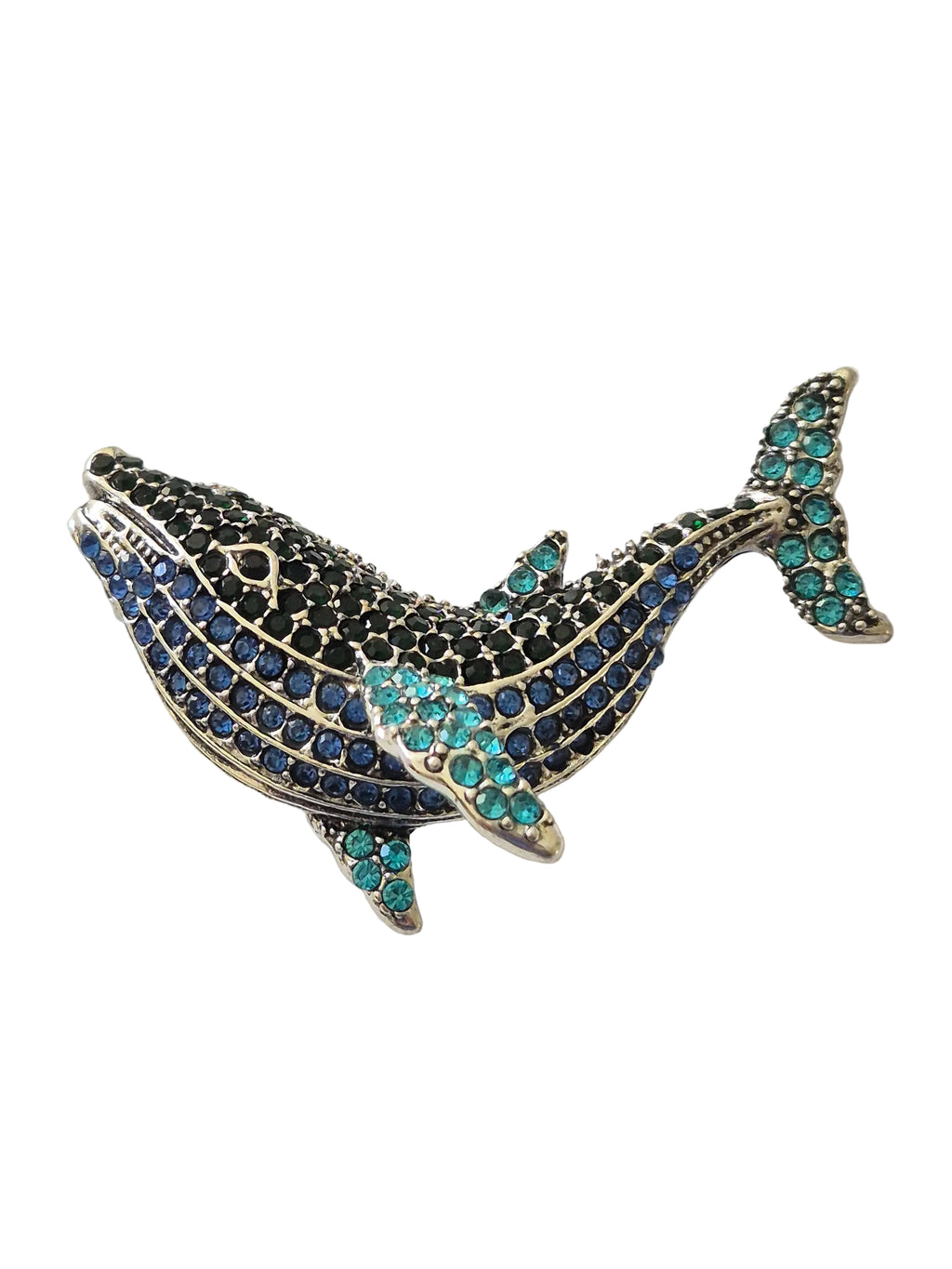 Blue and silver rhinestone whale brooch