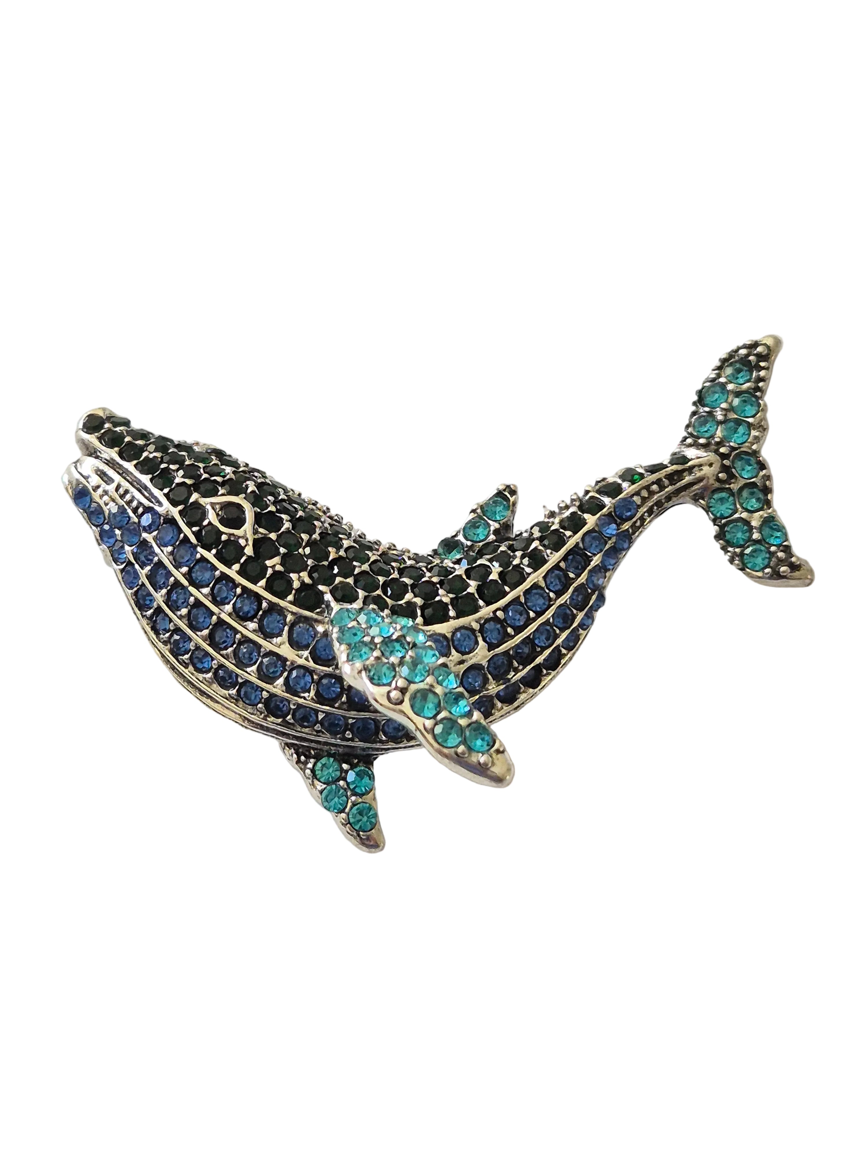 Blue and silver rhinestone whale brooch