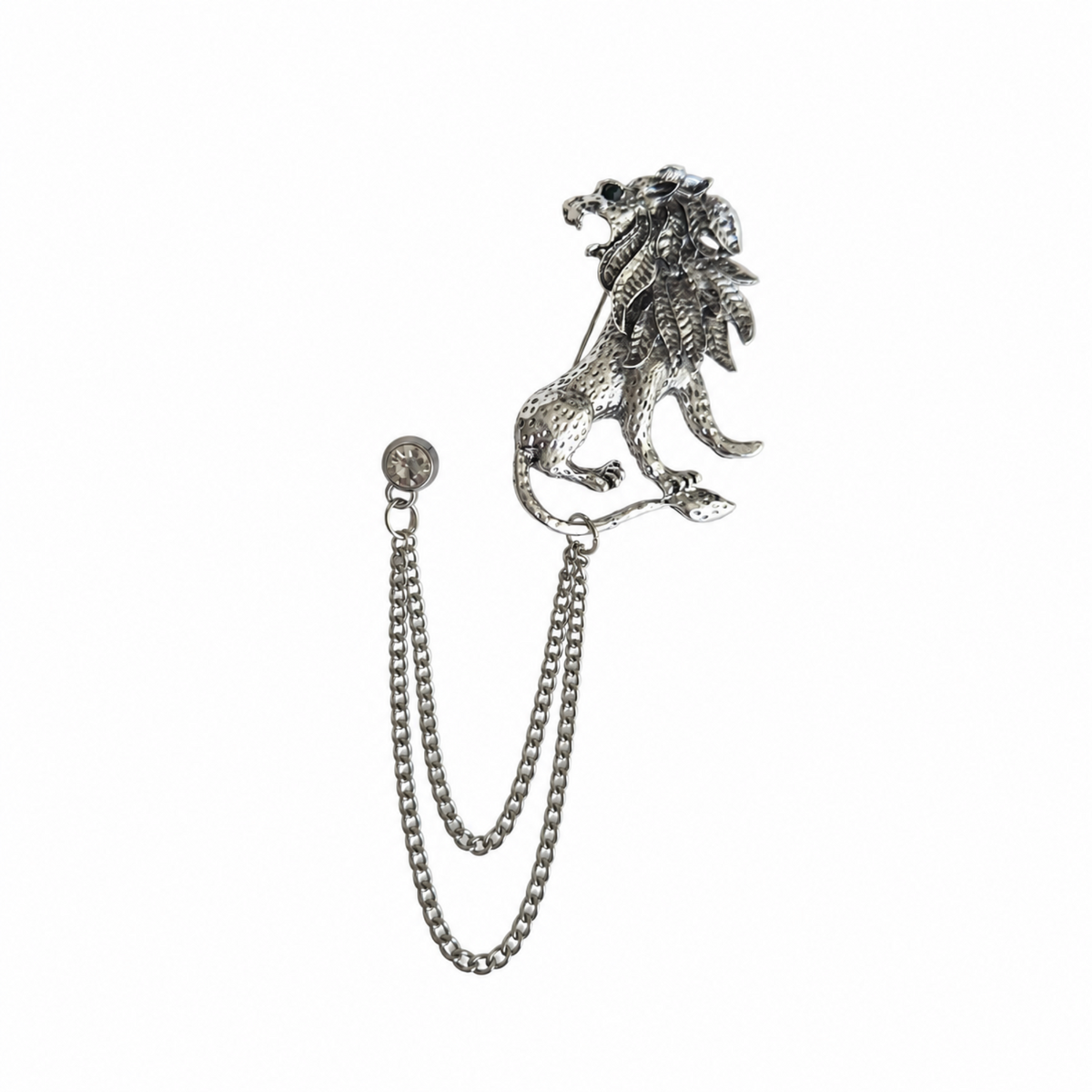 A silver-toned metal lion brooch with a hanging chain, shown on a plain white background.