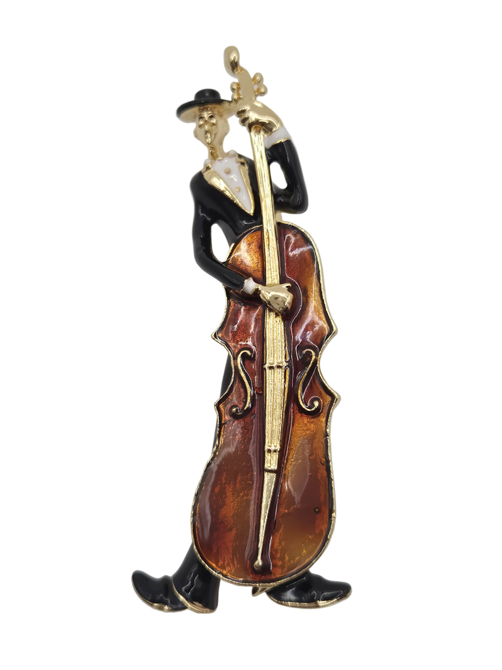 Violin-shaped brooch with gold accents on a gray background