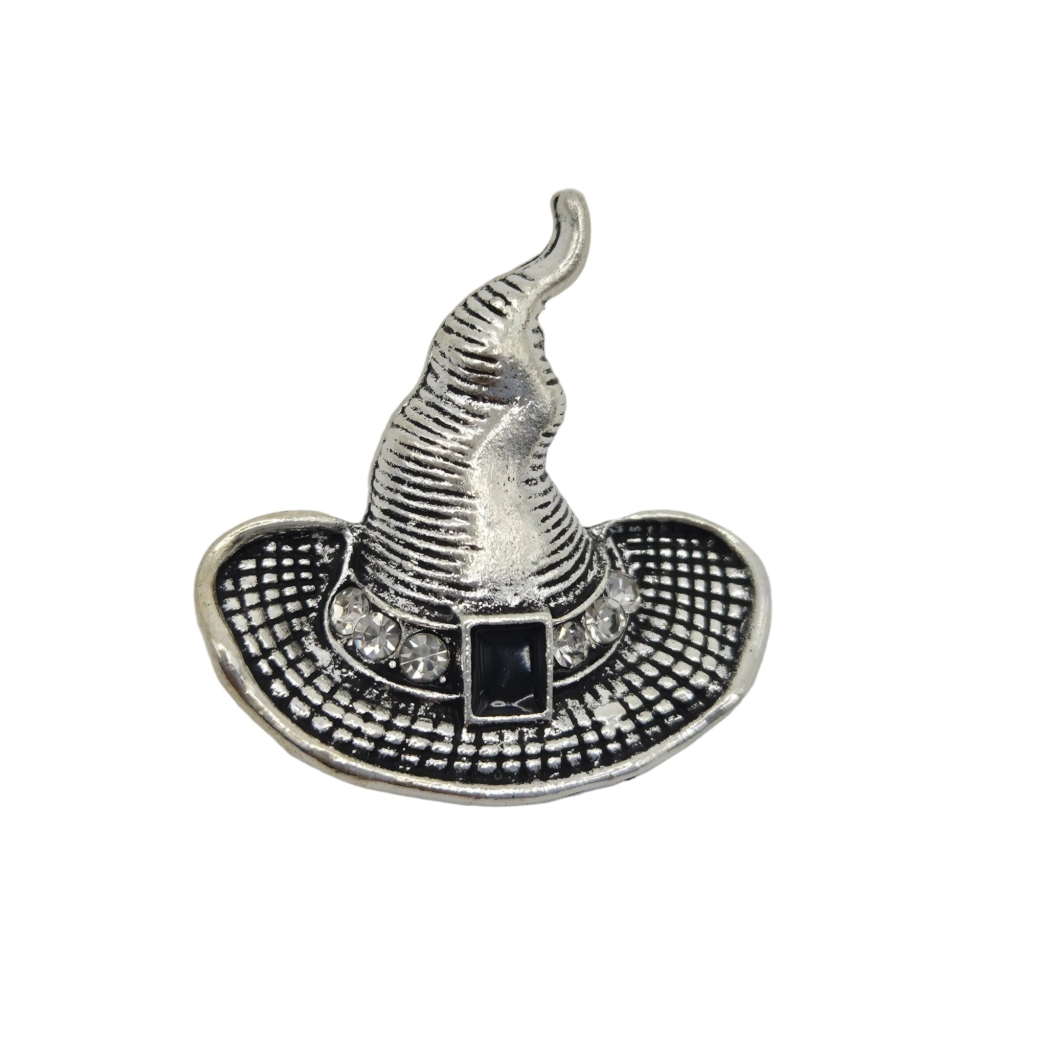 A silver-toned witch hat brooch with a textured, ribbed pointed top and a wide brim detailed with black antiquing and a central black square accent.