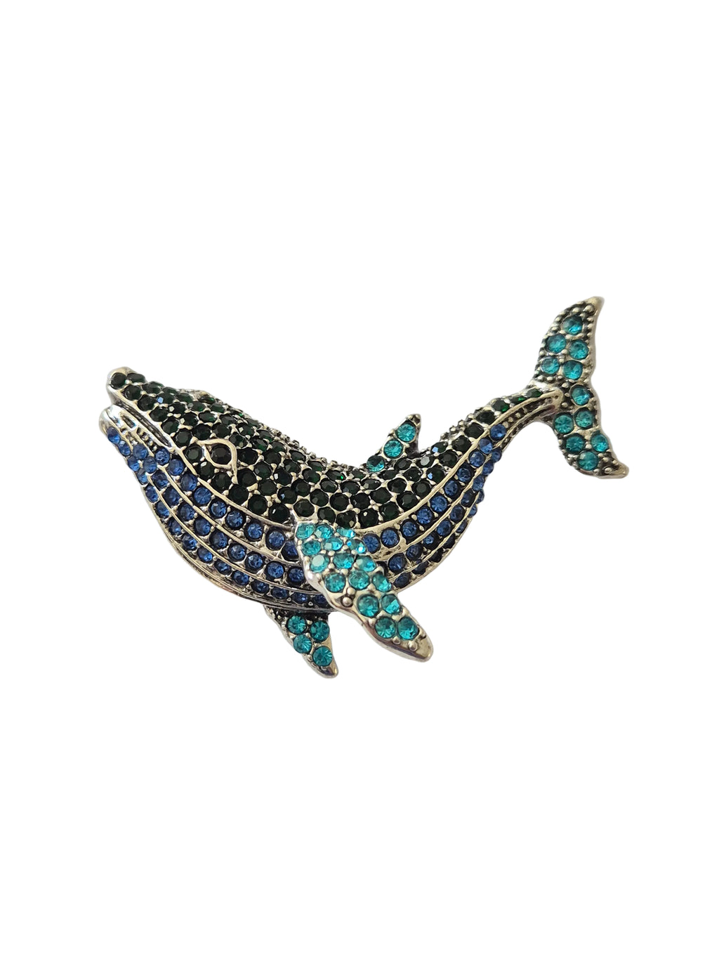 blue and silver rhinestone whale brooch
