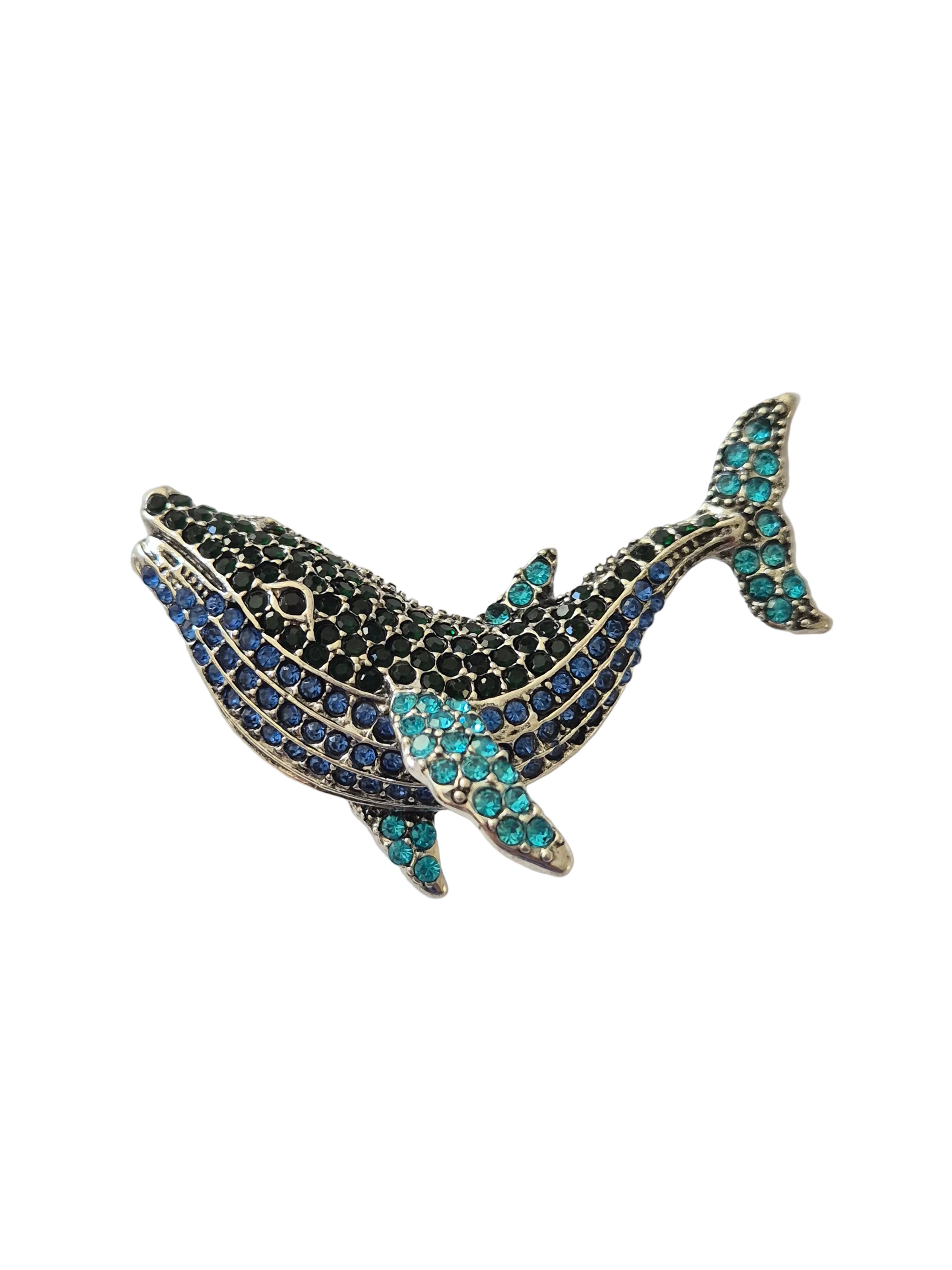 blue and silver rhinestone whale brooch