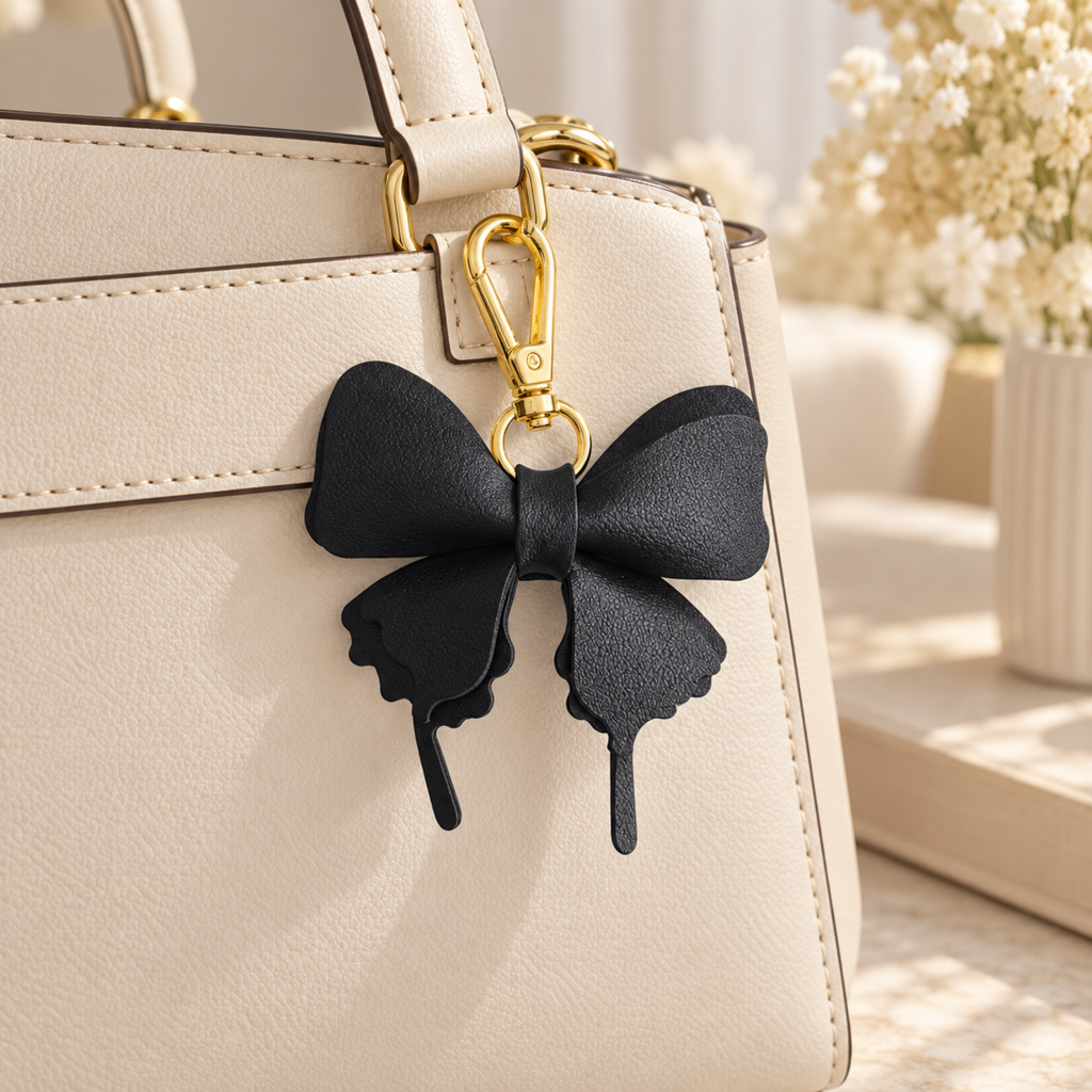 A black faux-leather bow-shaped keychain charm with gold-tone hardware attached to a cream-colored handbag, set against a softly blurred indoor background with flowers.
