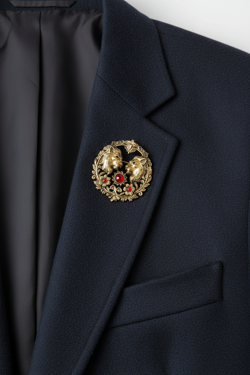 Mens lion brooch on blazer 