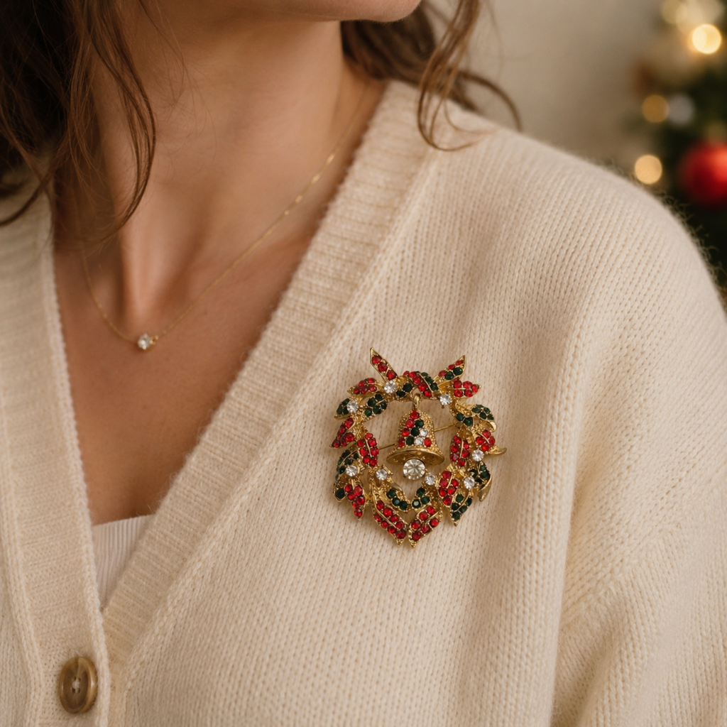 Gold-tone Christmas wreath brooch with red and green crystals and sparkling rhinestones, worn on a soft cream knitted cardigan in a festive setting.