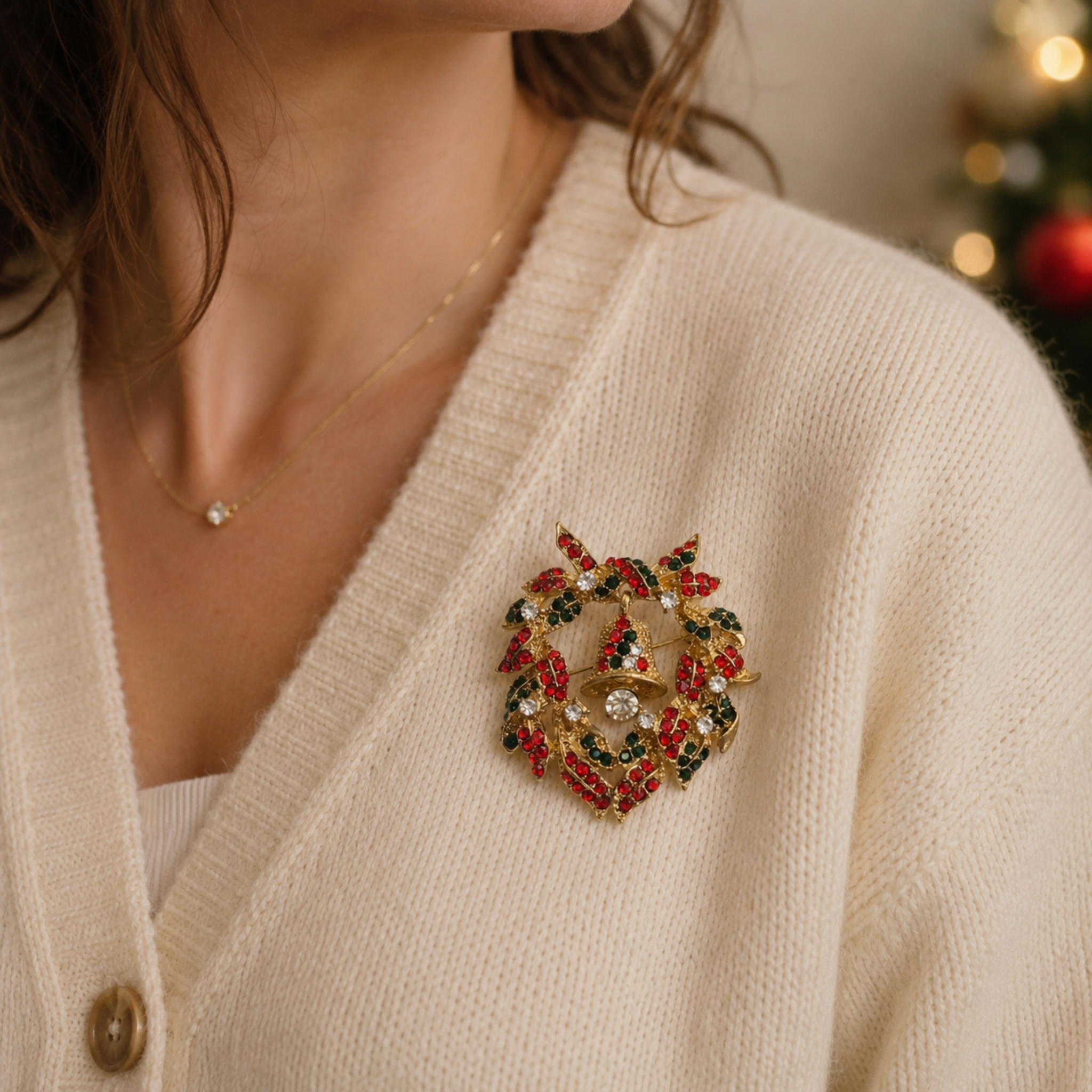 Gold-tone Christmas wreath brooch with red and green crystals and sparkling rhinestones, worn on a soft cream knitted cardigan in a festive setting.