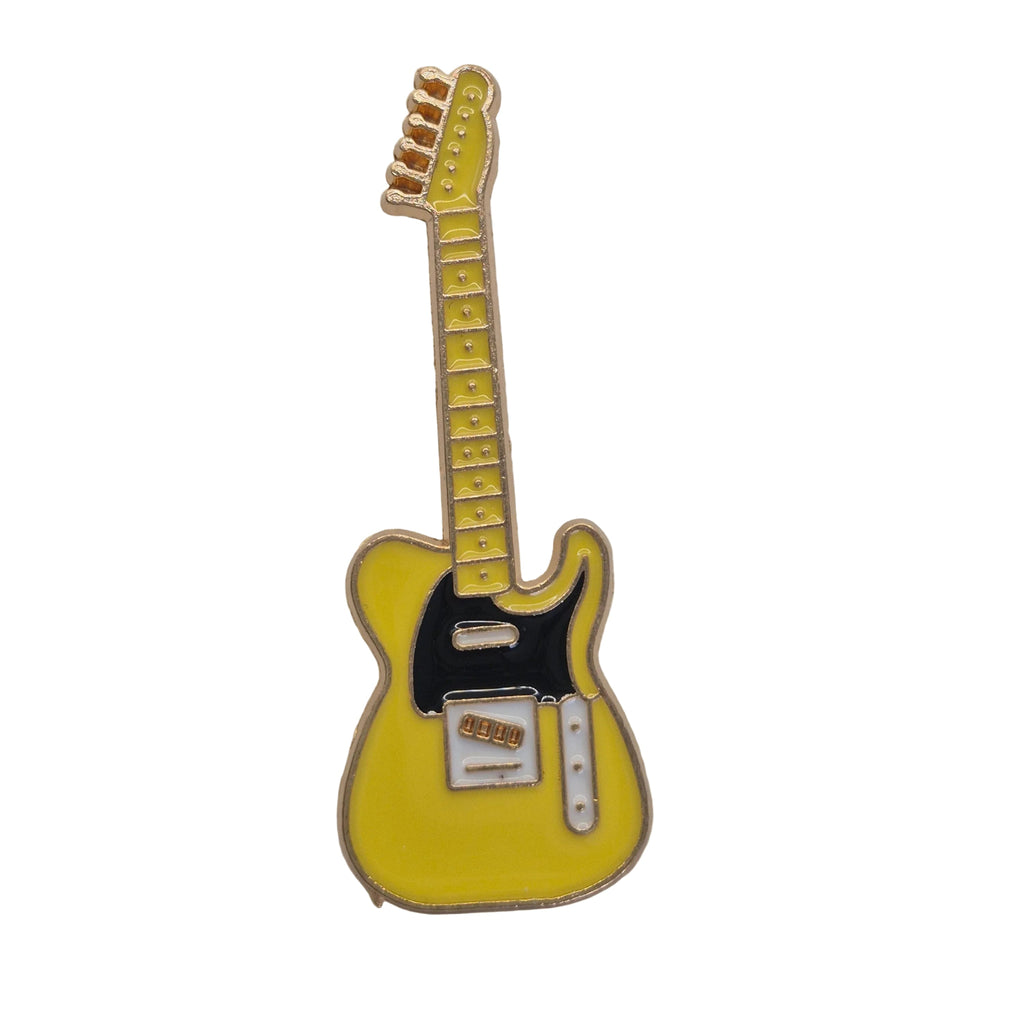 A yellow electric guitar enamel pin with a black pickguard and gold-toned metal outlines, shown on a plain white background.
