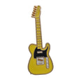 A yellow electric guitar enamel pin with a black pickguard and gold-toned metal outlines, shown on a plain white background.