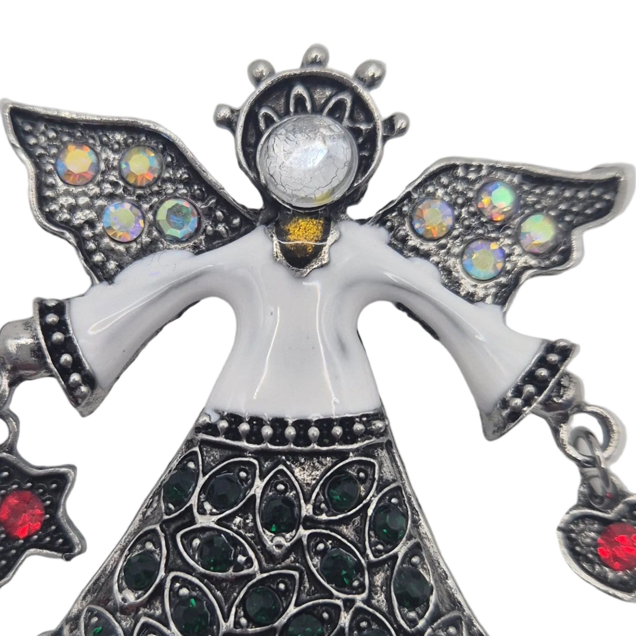 Silver angel pendant with white enamel body, iridescent gemstone wings, and dark green and red rhinestones on a white background.