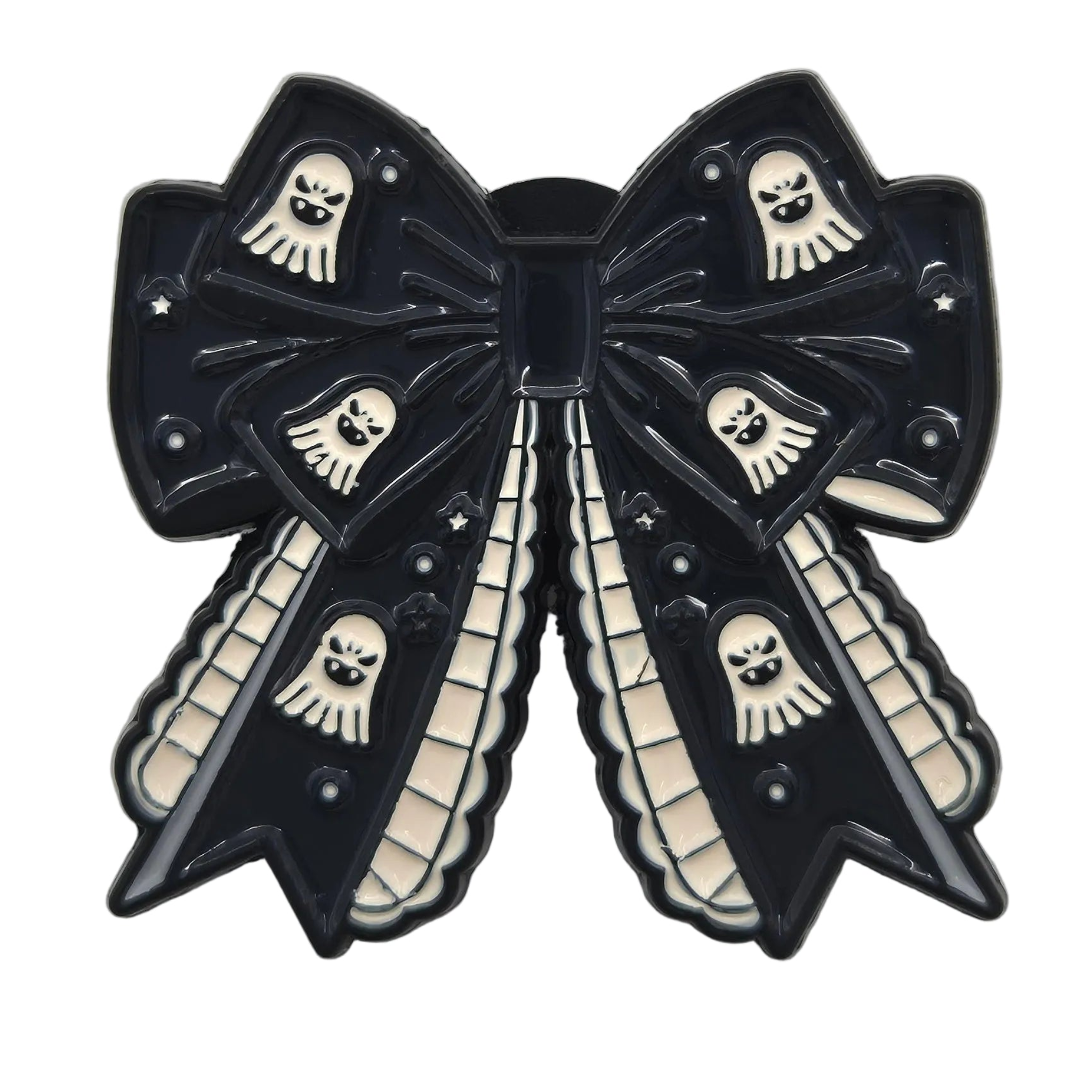 A gothic-style Halloween bow pin brooch featuring a glossy black bow with cream-colored ghosts and skull details, set against a plain white background.