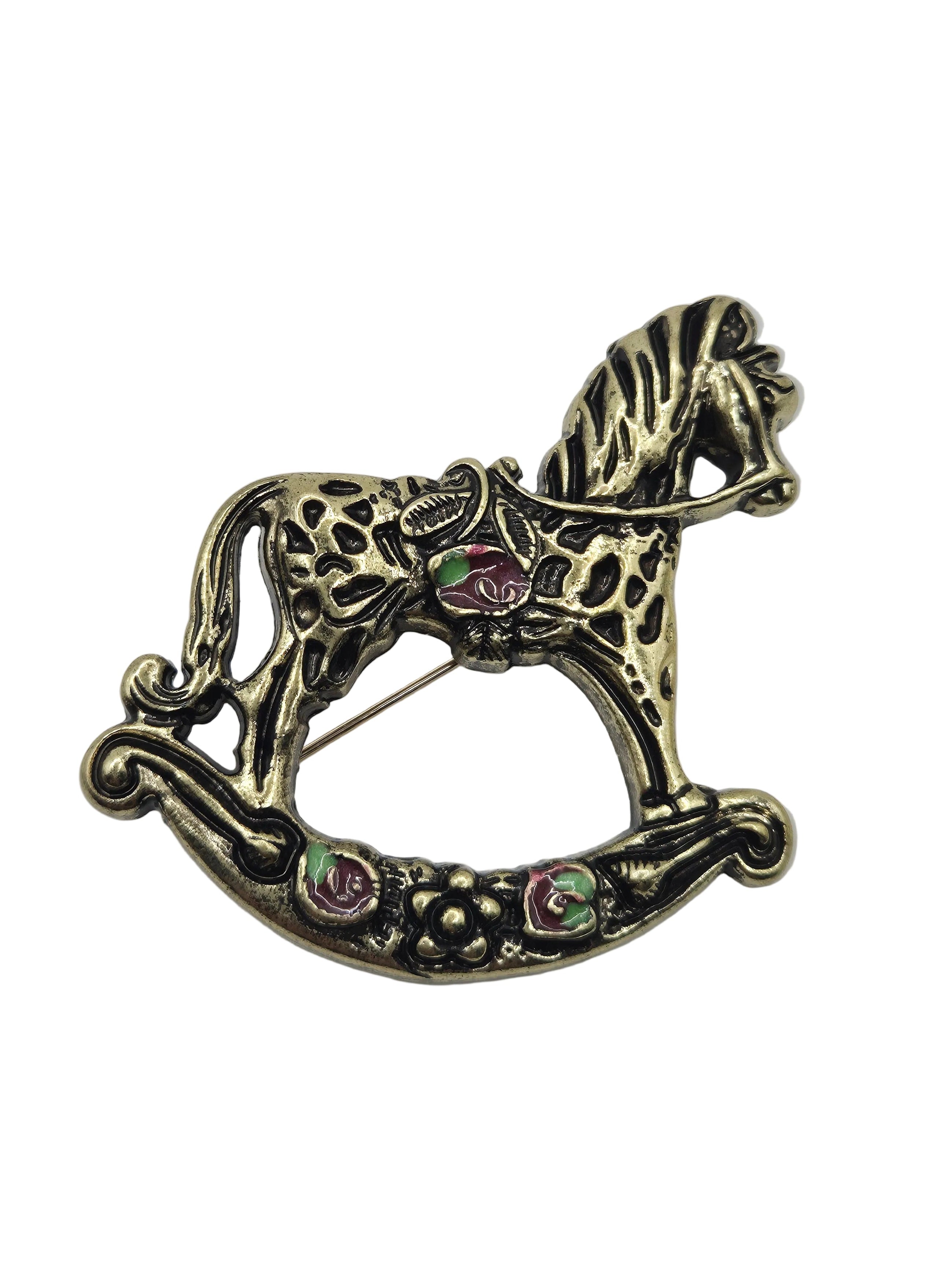 antique gold tone metal rocking horse brooch 