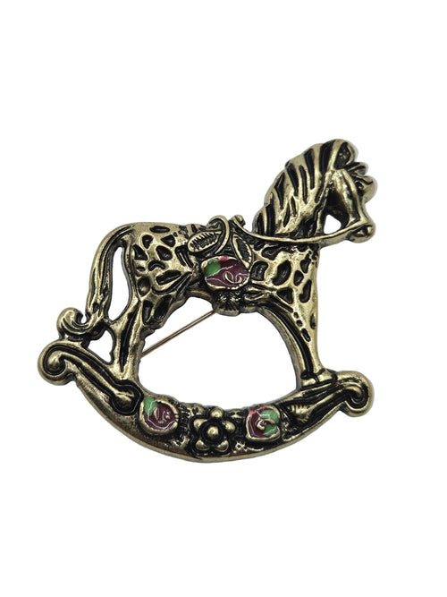 antique gold tone metal rocking horse brooch 