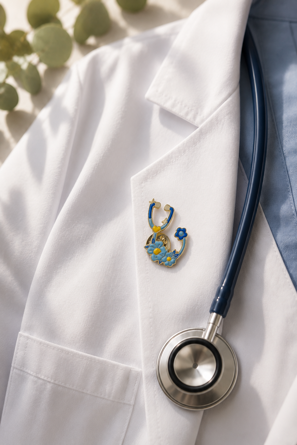 A close-up of a white lab coat with a small enamel pin shaped like a stethoscope on the chest pocket, with a dark blue stethoscope draped over the coat and soft green leaves in the background.