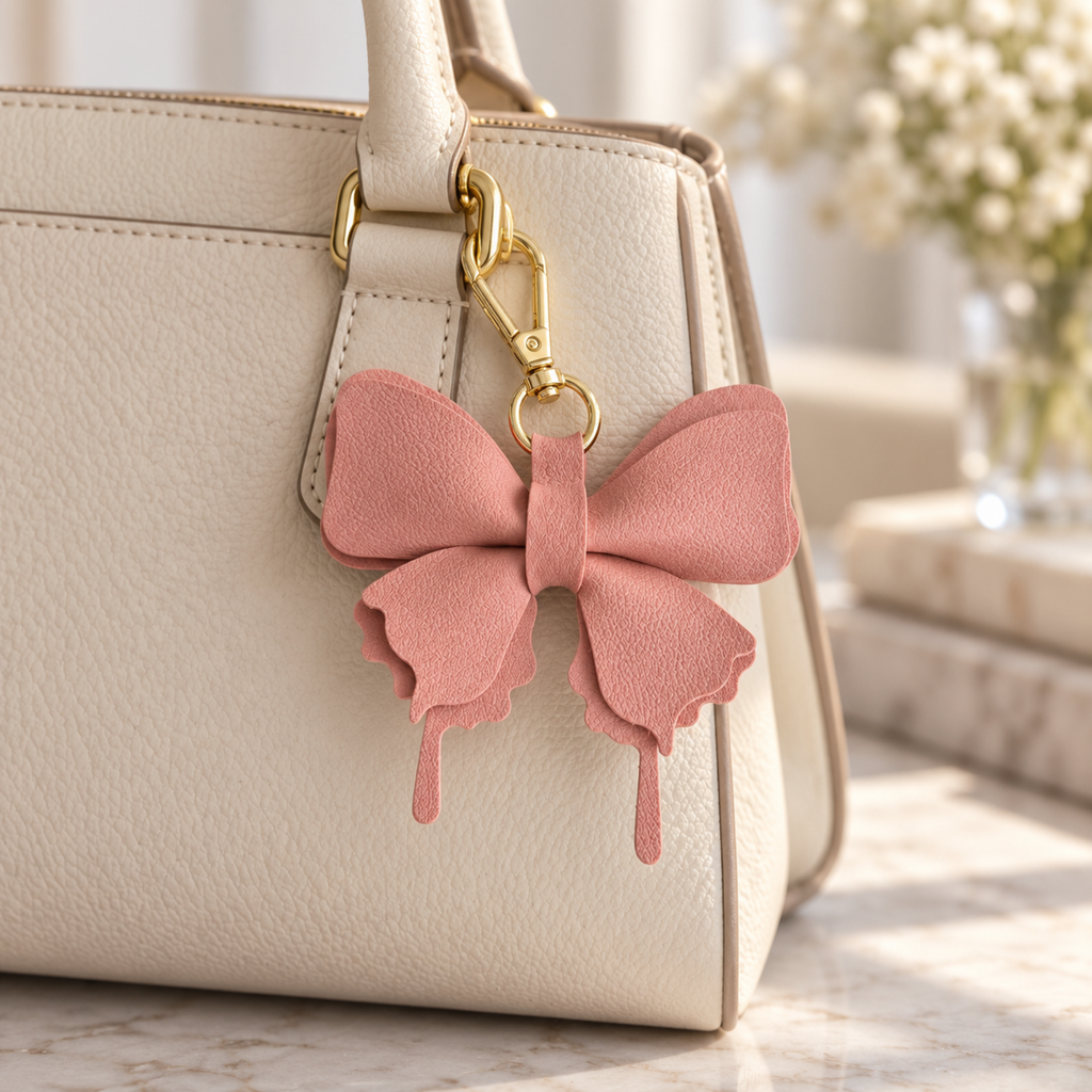 A dusty pink leather bow keychain with gold-tone hardware attached to a cream-colored textured handbag, set on a marble surface with a blurred floral background.