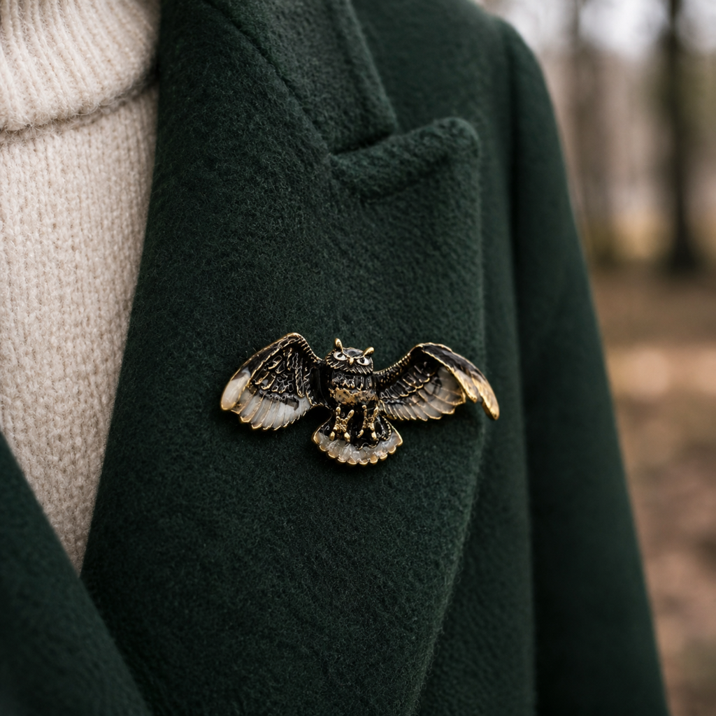 A detailed owl brooch with outstretched wings, featuring a textured black and bronze body with gold-toned accents, pinned to a dark green wool coat worn over a cream knit sweater.