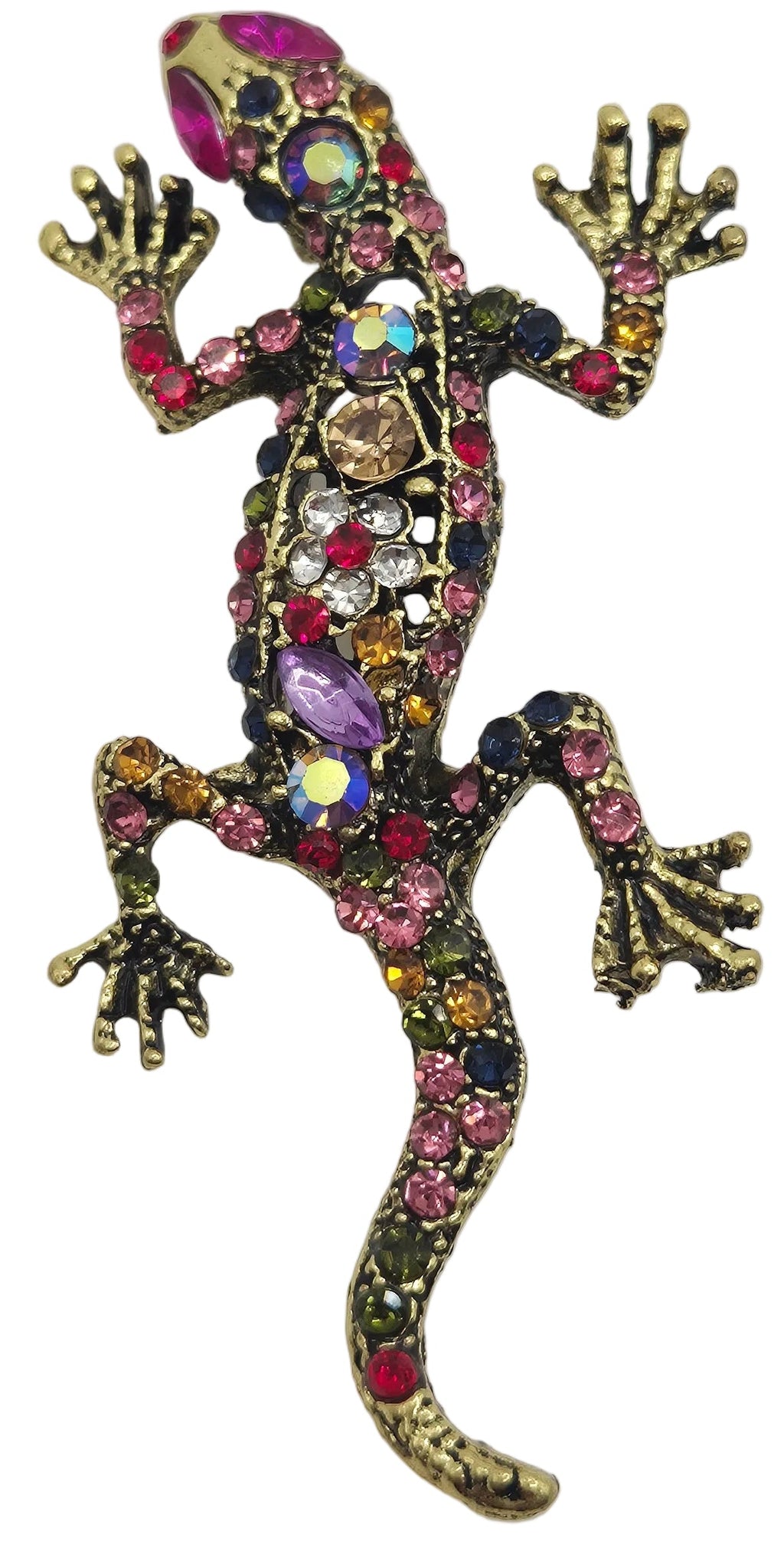 A decorative lizard or gecko-shaped brooch embellished with multicolored rhinestones and a gold-tone body, shown on a plain white background.