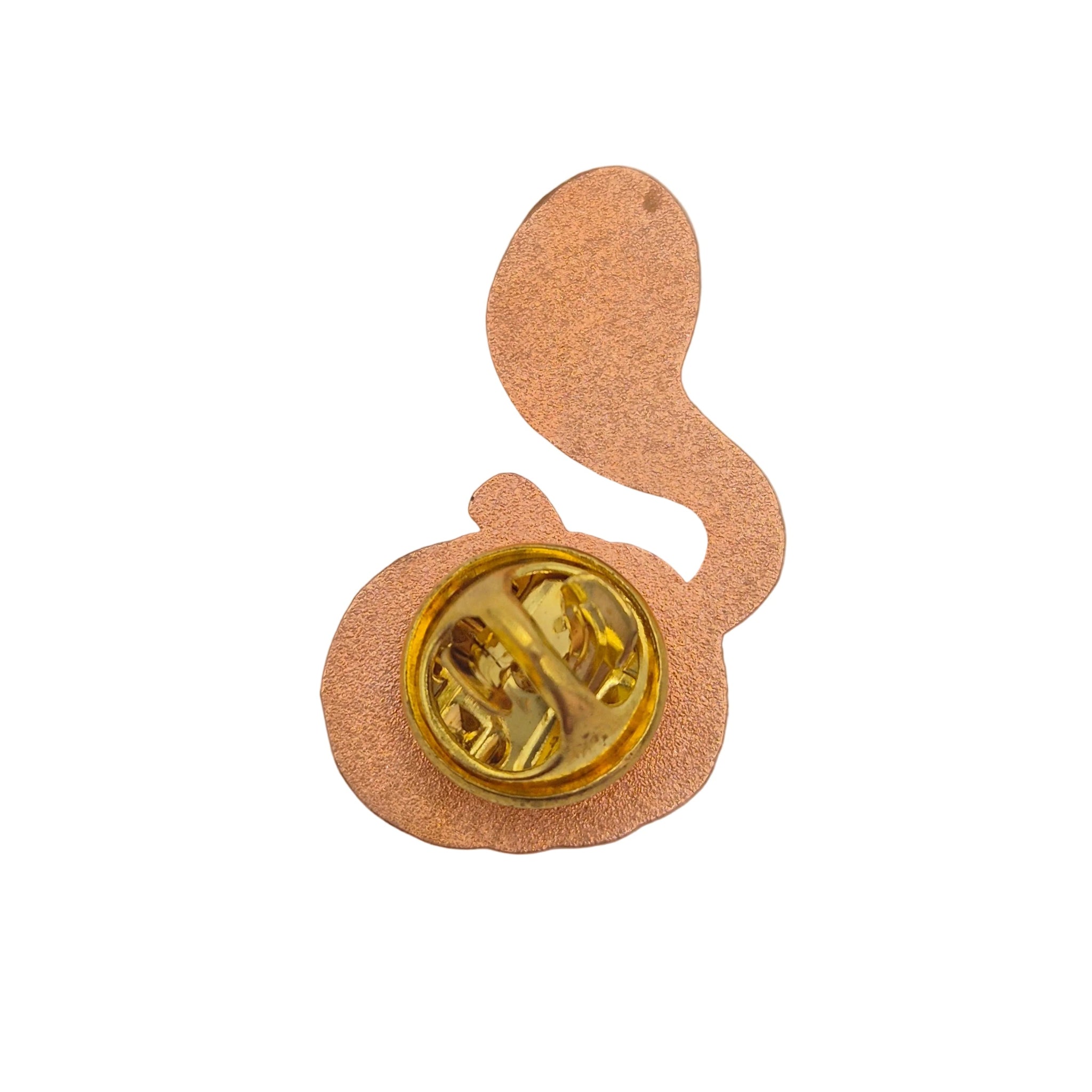 A small novelty pin or charm with a rose gold coloured textured backing and a gold-toned metal clutch backing, shown on a plain white background.