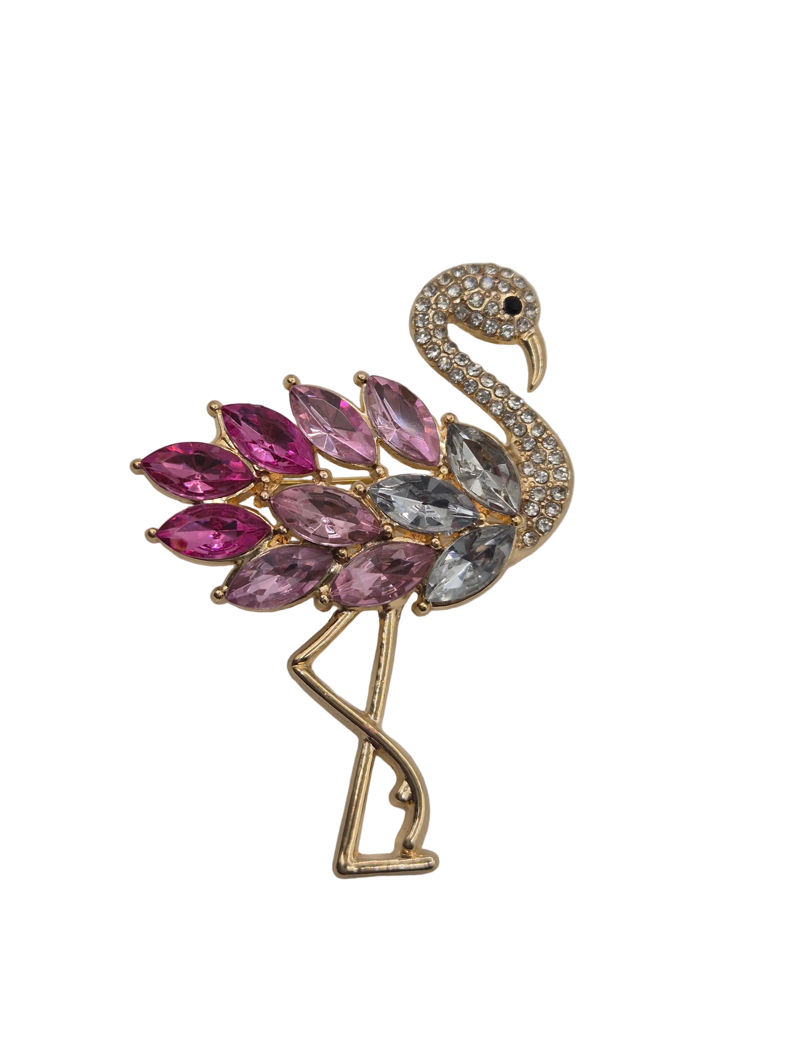 Pink Flamingo Brooch - gold tone flamingo brooch with pink rhinestone detail on grey background