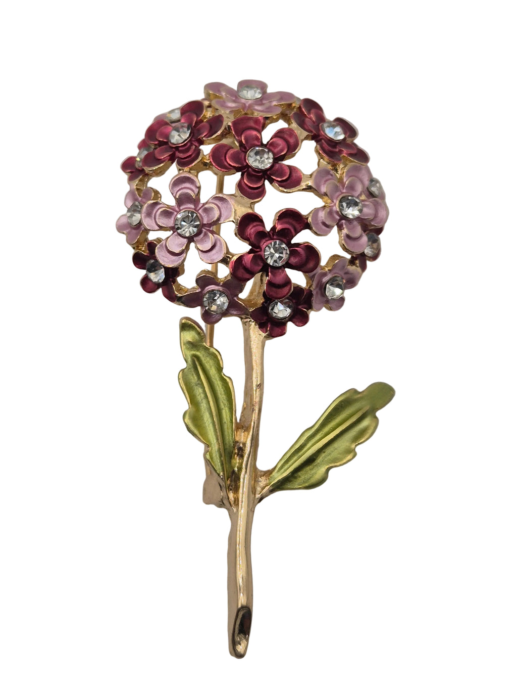 A vintage-style floral brooch featuring a cluster of small flowers with pink, burgundy, and lilac enamel petals, clear rhinestones, and olive green leaves on a gold-tone stem, shown against a plain white background.