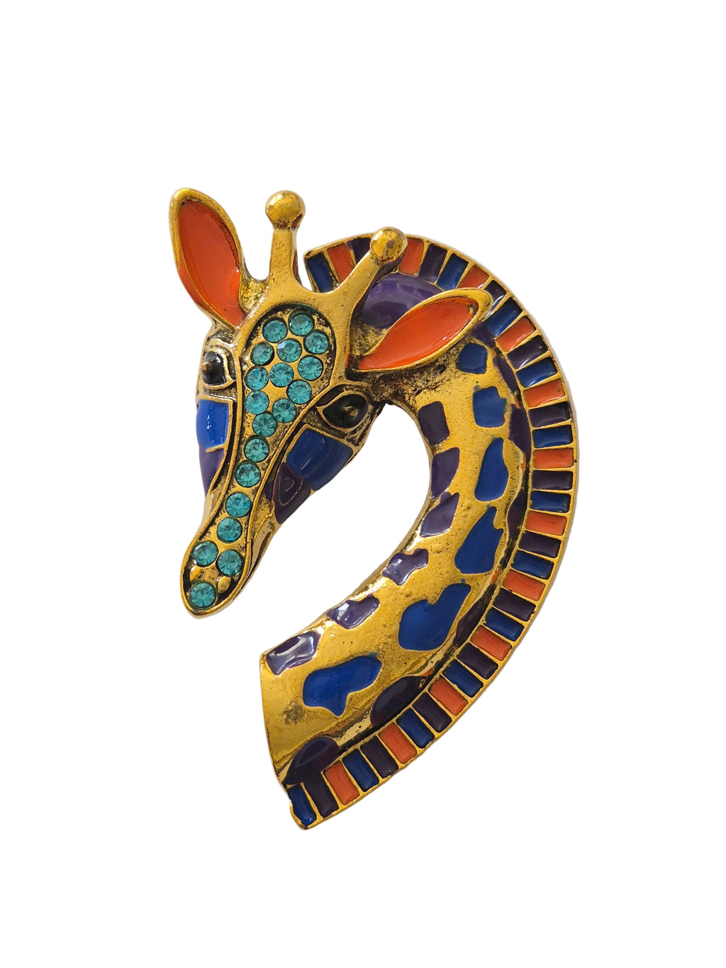 Decorative giraffe head brooch with colorful gemstones on a white background