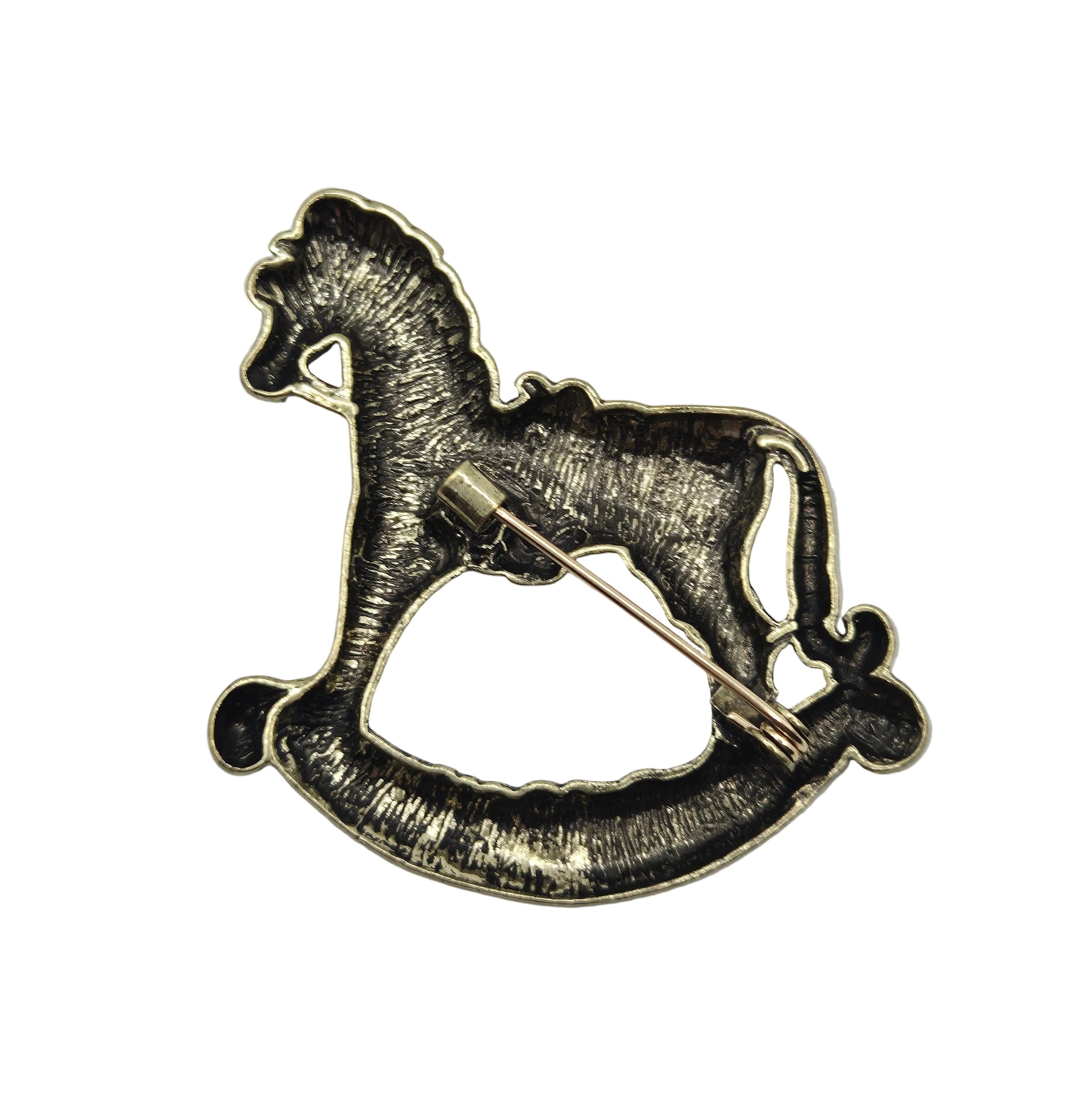 Gold tone rocking horse brooch reverse side