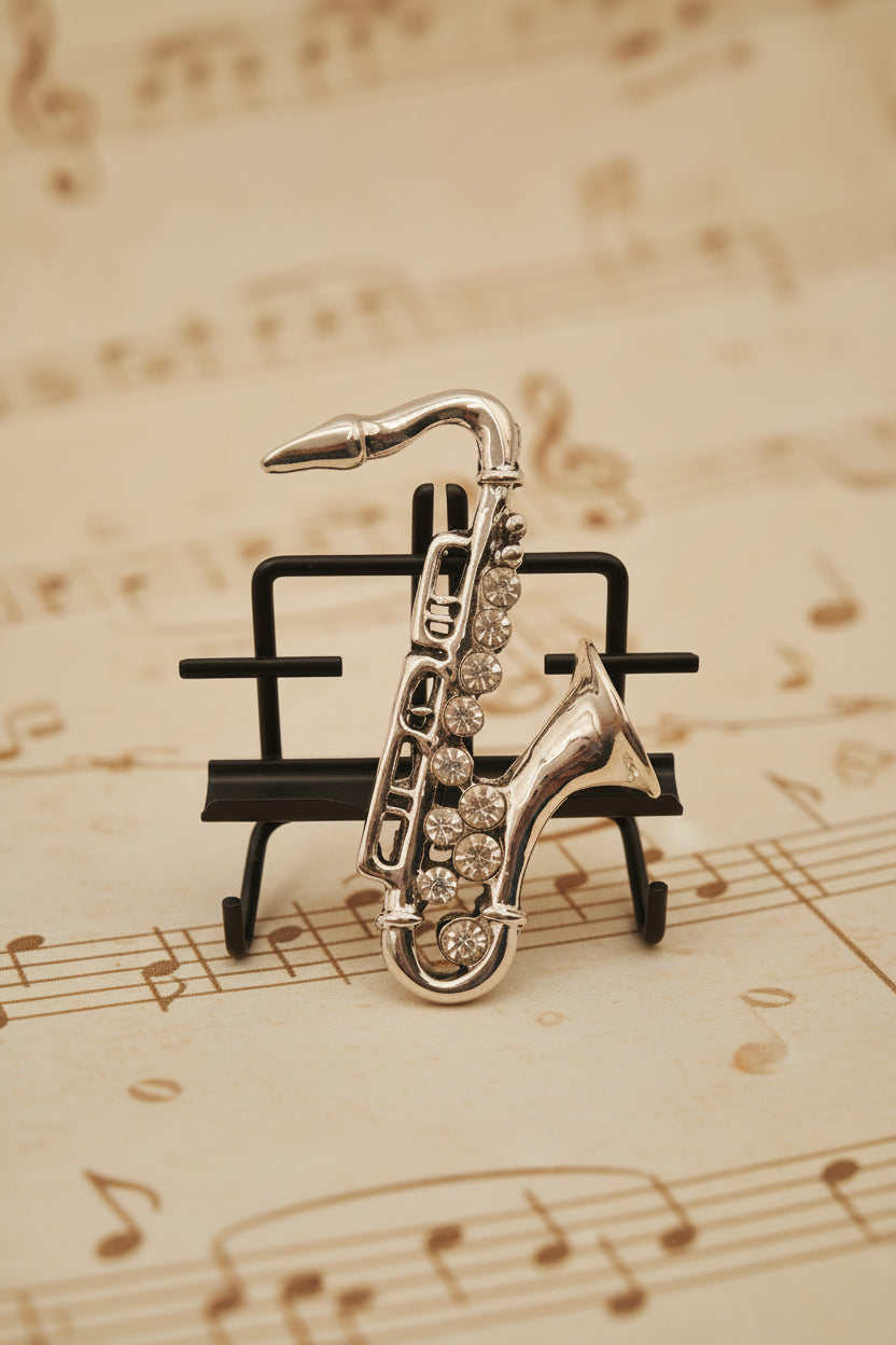 Silver Tone Metal Saxophone Brooch Rhinestone Detail Music Pin