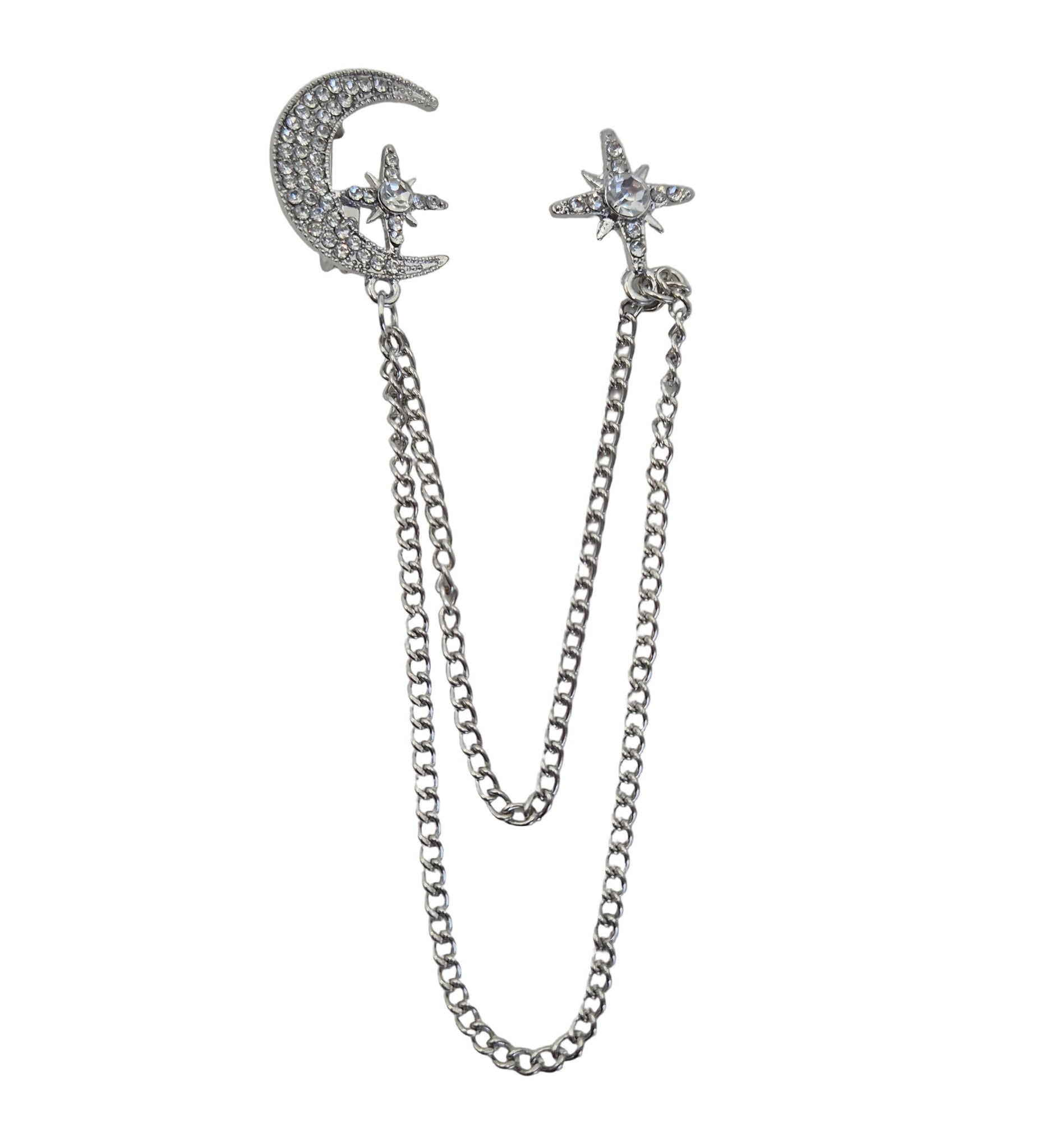 Celestial chain brooch laid flat on a white background. Silver-toned with a crescent moon and star details set with clear rhinestones.