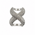 A silver-toned scarf ring featuring an openwork X-shaped design paved with clear rhinestones, set against a plain white background.